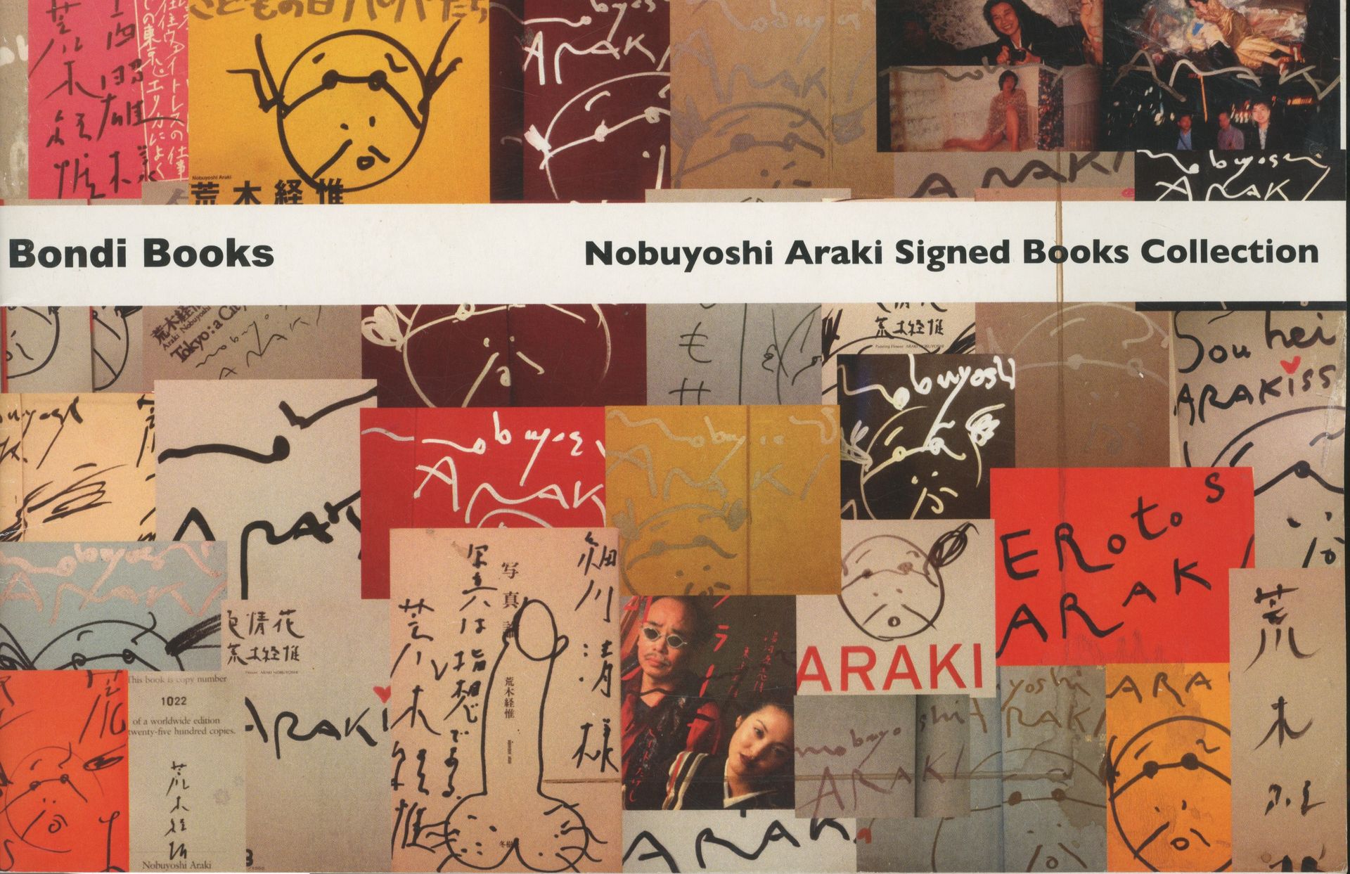 ARAKI, NOBUYOSHI (1940)
2 livres sur les livres d'Araki.
* A Book of Araki Books 1970-2005.
Written and Edited by Iizawa Kotaro.
Bijutsu Shuppan, 2006.
In-16 (18 x 12 cm). Édition originale, brochée, avec sa jaquette blanche à rabats. 576 pages. Tous les livres publiés par Araki durant les 25 années 1970/2005 sont reproduits et décrits dans cet ouvrage. A noter, de nombreuses notes et marques laissées par l'ancien propriétaire du livre.
*Nobuyoshi Araki Signed Books Collection.
Bondi Books, Tokyo, 2012.
In-8 oblong (22 x 14 cm). Édition originale. 32 pp. Les 33 livres mis en vente par Bondibooks lors d'une exposition à Hong Kong du 17 au 20 mai 2012. Chaque page de cet élégant et rare catalogue décrit le livre mais aussi reproduit la ou les dédicaces, souvent illustrées de petits dessins.
