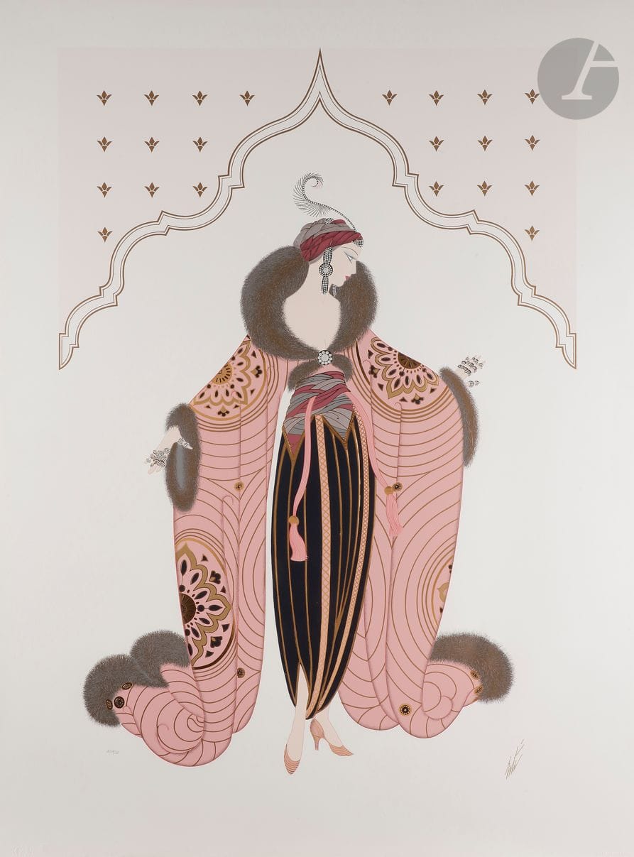 Romain de Tirtoff dit ERTÉ (1892-1990
)Woman with a pink coatSerigraphy
in colors and gold in relief.
Signed in the plate.
Numbered "AP 14/25".
105 x 76 cmProvenance

: 
- Erté personal collection.
- Serge Leeman collection, Erté's successor.
- By descent.









