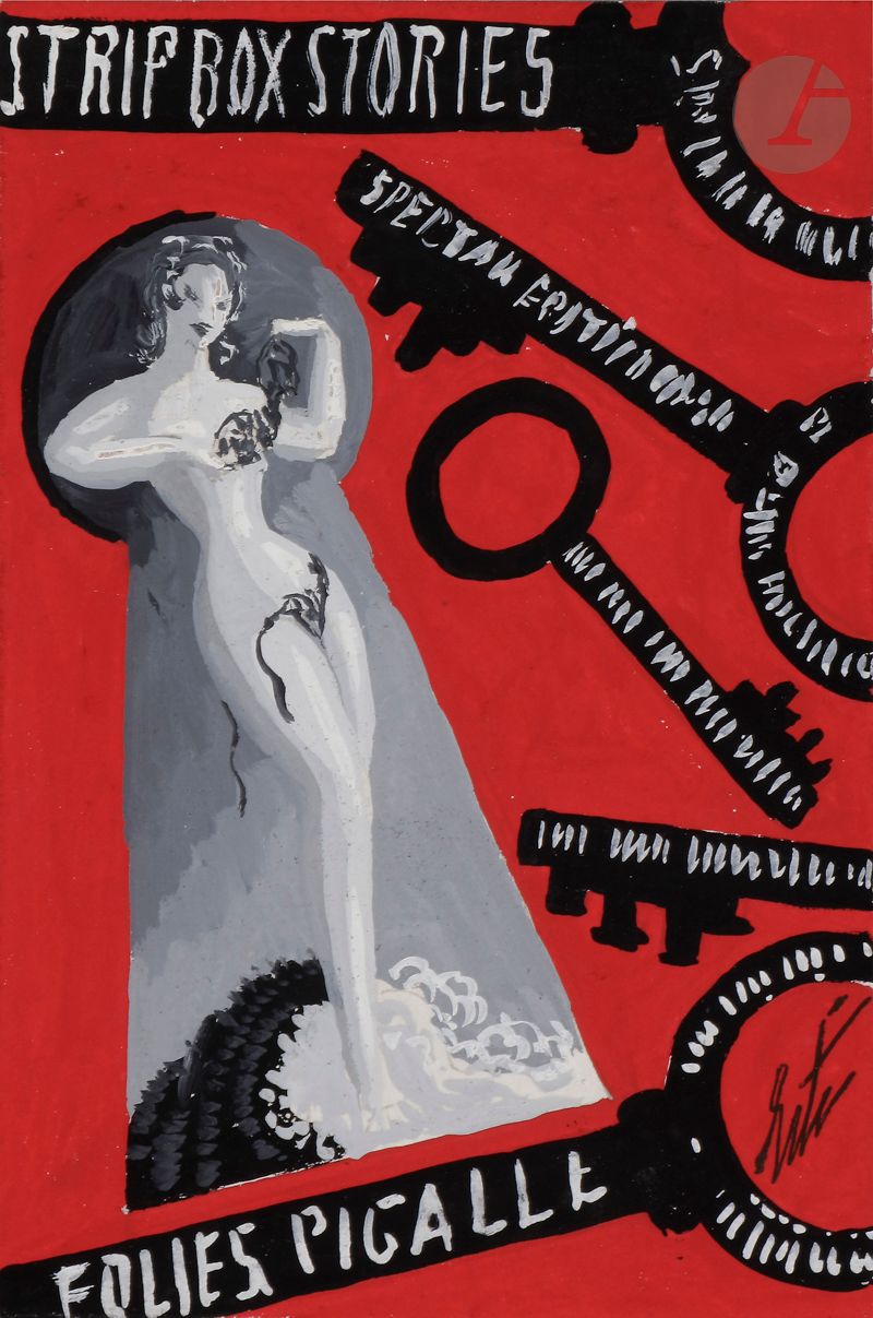 Romain de Tirtoff dit ERTÉ (1892-1990)
Affiches Folies Pigalle, vers 1960
Gouache.
Signée en bas droite.
Dédicacée « Mille amitiés - À Serge » le 3 juin 1987. 
Titrée au dos sur le montage.
Timbres de l’atelier.
12 x 8 cm

Provenance : 
Collection Serge Leeman, ayant-droit d’Erté. Offert par l’artiste le 3 juin 1987.