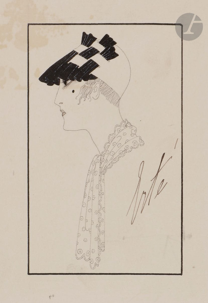 Romain de Tirtoff known as ERTÉ (1892-1990
)A Tour in the Garden,
1916Indian
ink.

Signed lower right.
Dated and titled on the back.
Stamps of the workshop.
(Missing paper in a corner, stains).
Subject : 9 x 5,5 cmSheet
: 25 x 16 cmProvenance

: 
- Erté personal collection.
- Serge Leeman collection, Erté's successor.
- By descent.

Bibliography: 
Designs by Erté, Fashion drawings & illustrations from "Harper's Bazaar", New York, Dover Publications, Inc. 1976, reproduced on p. 17.

This drawing was published in Harper's Bazaar in March 1917 (stamp on the back)


. 




The grey Tagal straw fitted hat is cut and netted with old rose taffeta feathers.



















