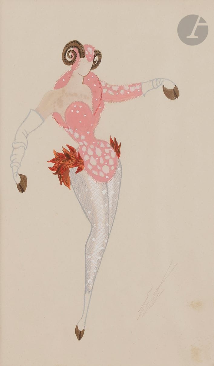 Romain de Tirtoff dit ERTÉ (1892-1990)
Les Oreilles du Lièvre - Animal à cornes (danseuse), 1954
Gouache.
Timbrée en bas à droite.
Titrée et numérotée « 13575 » au dos.
Timbre de l’atelier.
(Petites rousseurs).
29 x 17 cm

Provenance : 
- Collection personnelle Erté.
- Collection Serge Leeman, ayant-droit d’Erté.
- Par descendance.

Les Oreilles du Lièvre a été présenté au Cabaret de la Nouvelle Ève à Paris.