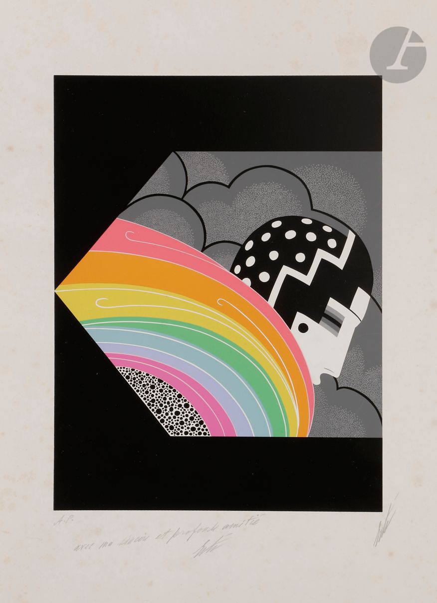 Romain de Tirtoff dit ERTÉ (1892-1990)
Profil de femme au châle arc-en-ciel, 1978
Sérigraphie en couleurs.
Signée, annotée « AP » et dédicacée.
(Rousseurs).
63,5 x 48 cm

Provenance : 
- Collection personnelle Erté.
- Collection Serge Leeman, ayant-droit d’Erté.
- Par descendance.