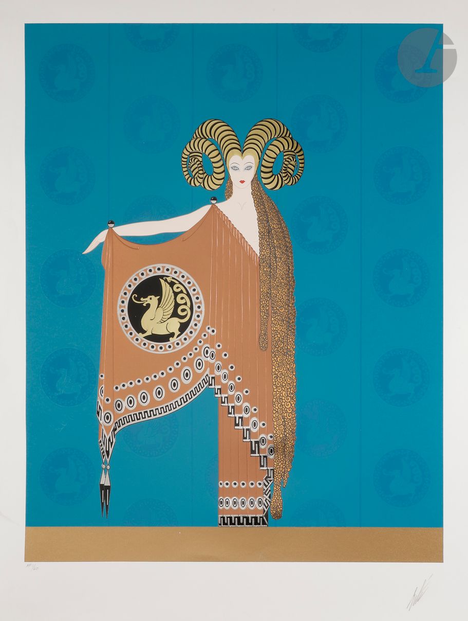 Romain de Tirtoff dit ERTÉ (1892-1990)
Femme au dragon
Sérigraphie en couleurs et or et argent en relief.
Signée et numérotée « AP 1/60 ».
(Petites déchirures en marge gauche).
90 x 75 cm

Provenance : 
- Collection personnelle Erté.
- Collection Serge Leeman, ayant-droit d’Erté.
- Par descendance.