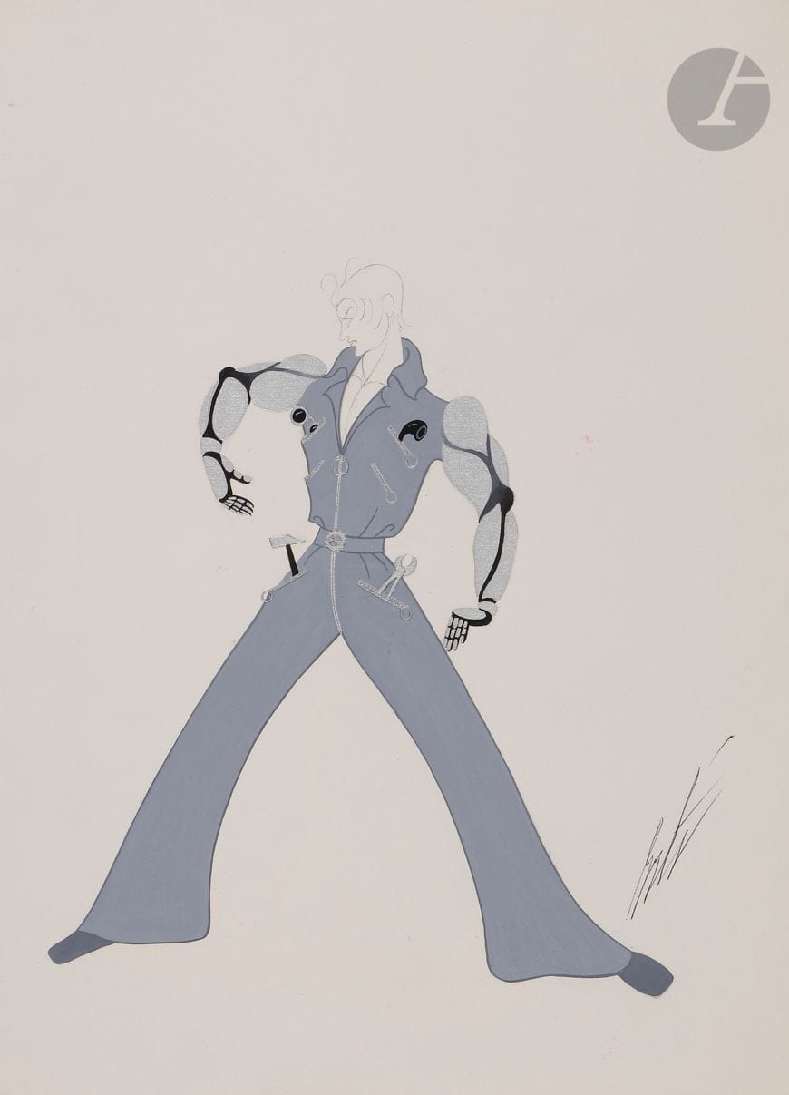 Romain de Tirtoff dit ERTÉ (1892-1990)
Les Machinistes - Costume, 1975
Gouache et peinture argent.
Signée en bas à droite.
Titrée et numérotée « 18538 » au dos.
Timbres de l’atelier.
37,5 x 27,5 cm

Provenance : 
- Collection personnelle Erté.
- Collection Serge Leeman, ayant-droit d’Erté.
- Par descendance.