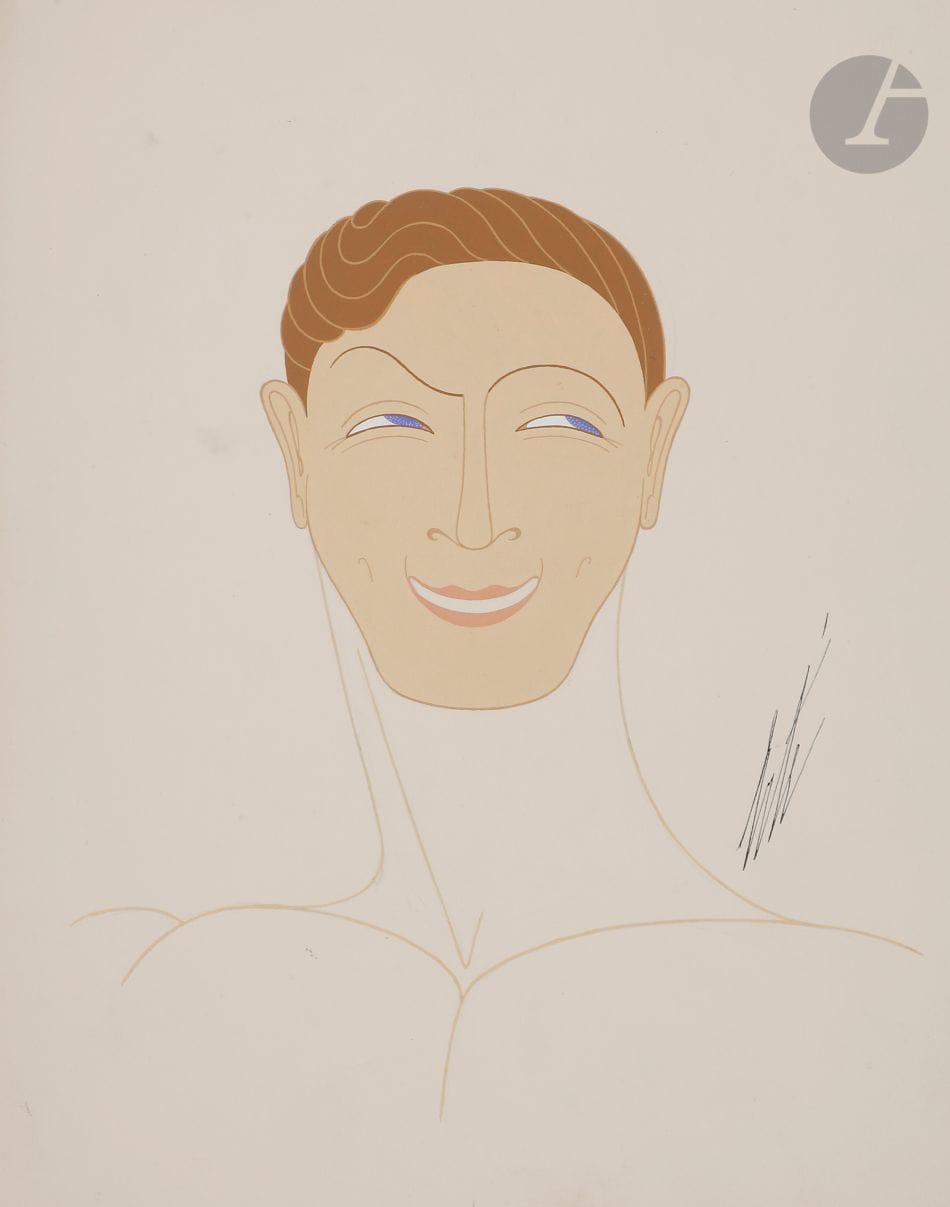 Romain de Tirtoff dit ERTÉ (1892-1990)
Tête de Mannequin homme pour Pierre Imans ou autoportrait présumé, 1933
Gouache.
Signée.
Datée et numérotée « 2263 » au dos.
Timbre de l’atelier.
28,5 x 23 cm

Provenance : 
- Collection personnelle Erté.
- Collection Serge Leeman, ayant-droit d’Erté.
- Par descendance.