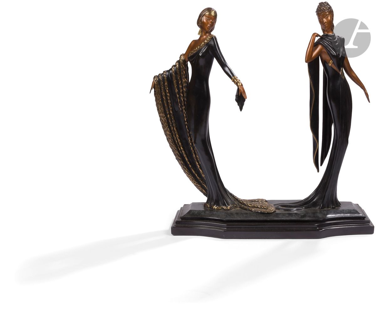 Romain de Tirtoff dit ERTÉ (1892-1990)
Duetto, 1988
Épreuve en bronze à patine brune, or et mordorée.
Signée sur la terrasse
Datée et numérotée « AP 1/12 » à l’arrière.
Marque du fondeur « Sevenarts Ltd London ».
45 x 50 x 20 cm

Provenance : 
- Collection personnelle Erté.
- Collection Serge Leeman, ayant-droit d’Erté.
- Par descendance.