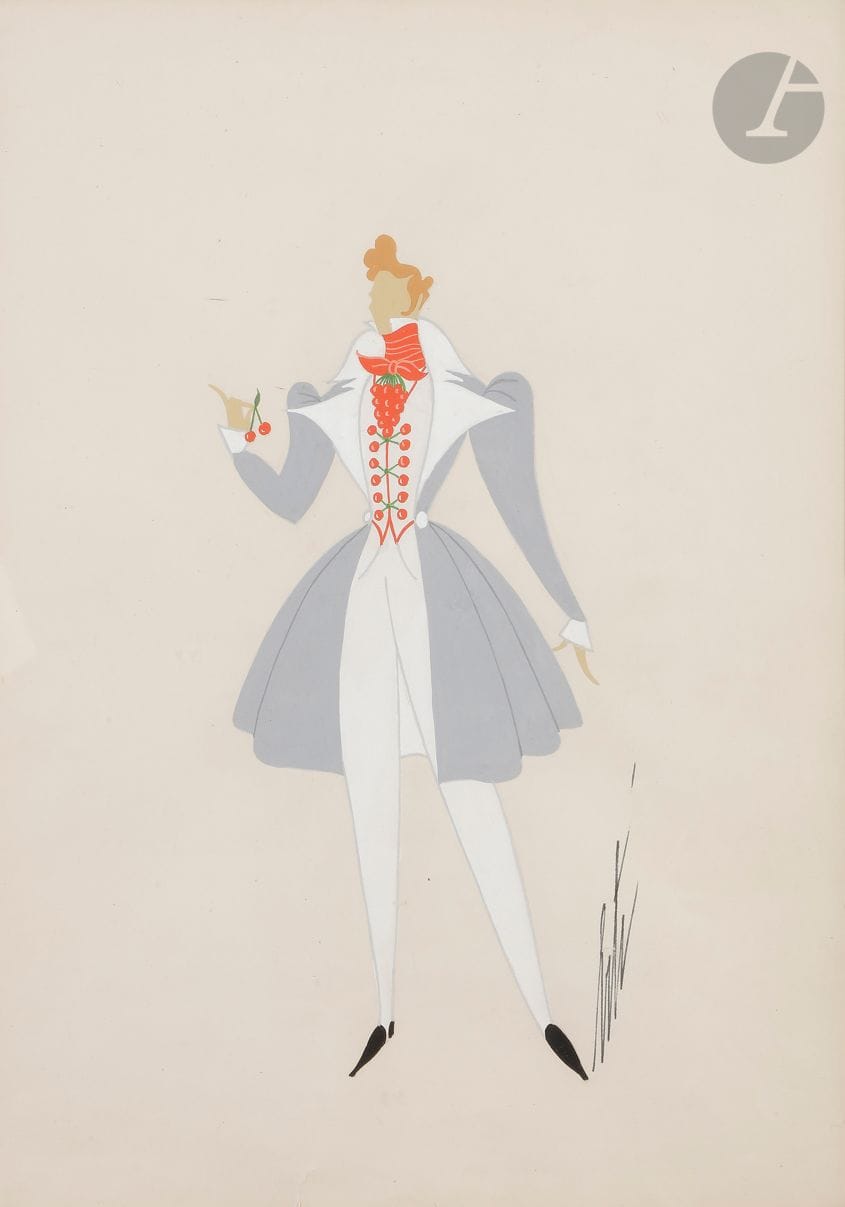 Romain de Tirtoff dit ERTÉ (1892-1990
)Singer, 1943Gouache
on pencil lines.
Signed lower right.
Titled and numbered "7037" on the back.
Stamps of the workshop.
(Small tear).
35,5 x 25 cmProvenance

: 
- Erté's personal collection.
- Serge Leeman collection, Erté's successor.
- By descent.

This gouache is a costume for Le Printemps, 1943.













