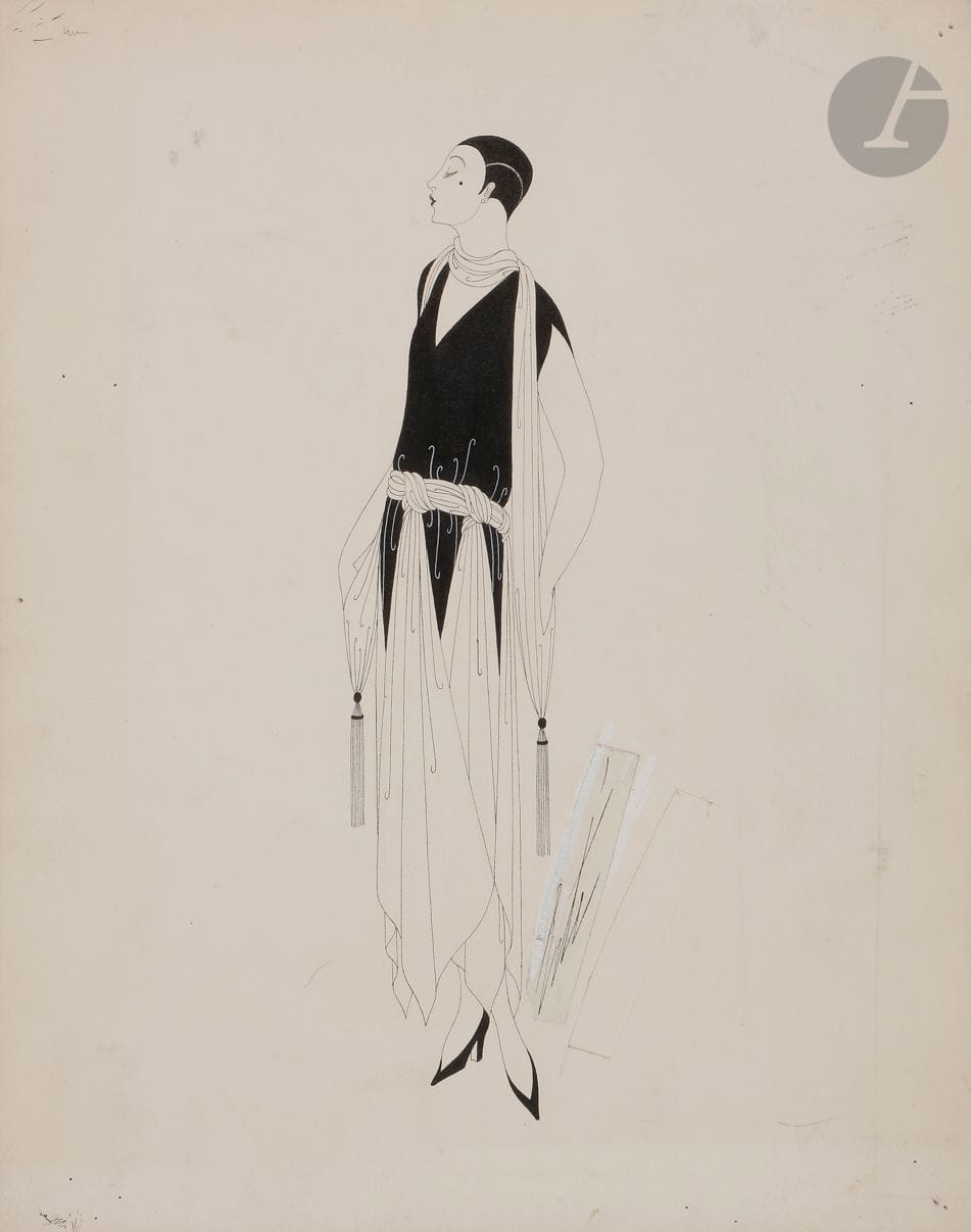 Romain de Tirtoff dit ERTÉ (1892-1990)
Étude de tenue, 1924
Encre de Chine et rehauts de gouache.
Signée en bas à droite (déplacée pour la reproduction).
Datée et numérotée « 951 » au dos.
Timbres de l’atelier.
(Petites salissures et traces).
28,5 x 23 cm

Provenance : 
- Collection personnelle Erté.
- Collection Serge Leeman, ayant-droit d’Erté.
- Par descendance.

Ce dessin est paru dans Home Journal en 1931 (annotation manuscrite au dos de l’œuvre).