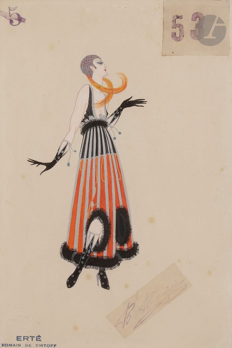 Romain de Tirtoff dit ERTÉ (1892-1990
)Isis - Restless sex, 1920Gouache
and ink.
Signature hidden in the lower right corner.
Stamp of the studio.
Dated, titled and numbered "323" on the back.
(Minor fading).
24.5 x 16.5 cmProvenance

: 
- Erté personal collection.
- Serge Leeman collection, Erté's successor.
- By descent.

This is the costume of Isis for Le Bal des arts, an extended sequence of the American movie "Restless Sex", directed by Robert Zigler Leonard, released in 1920
. All his drawings for the film were sent on May 31, 1922 to Harper's Bazaar for a review.














