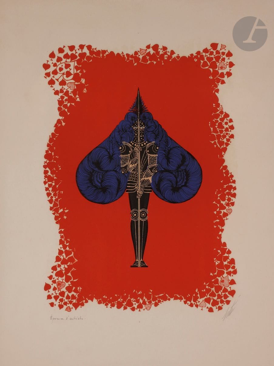 Romain de Tirtoff dit ERTÉ (1892-1990)
La Série des As, 1974 ; Judith - Rachel - Pallas - Argine
4 lithographies.
Signées et annotées « Épreuve d’artiste ».
65,5 x 50,5 cm chacune

Provenance : 
- Collection personnelle Erté.
- Collection Serge Leeman, ayant-droit d’Erté.
- Par descendance. 

Bibliographie :
Salome Estorick, Erté Graphics, New York, Dover Publications, Inc., 1978, reproduites pp. 37-40.

Cette série est une édition à 90 exemplaires, Berggruen et Cie, Paris, en collaboration avec la Grosvenor Gallery, Londres, 1974.