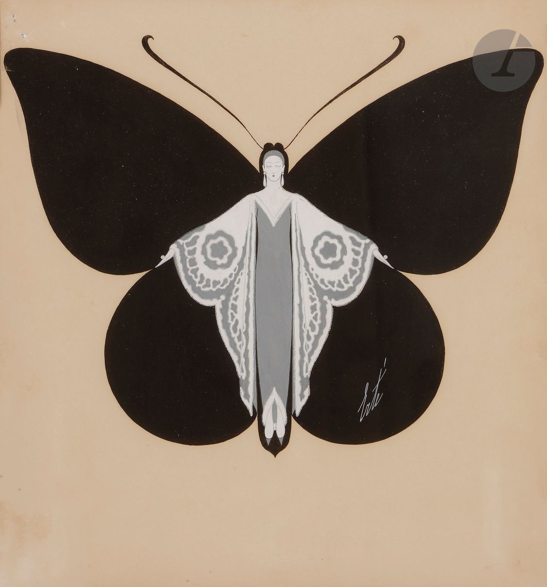 Romain de Tirtoff dit ERTÉ (1892-1990)
Femme papillon, 1929
Encre et gouache.
Signée dans le costume en bas à droite.
Titrée, datée et numérotée « 893 » au dos. 
25 x 22,5 cm

Provenance : 
- Collection personnelle Erté.
- Collection Serge Leeman, ayant-droit d’Erté.
- Par descendance.