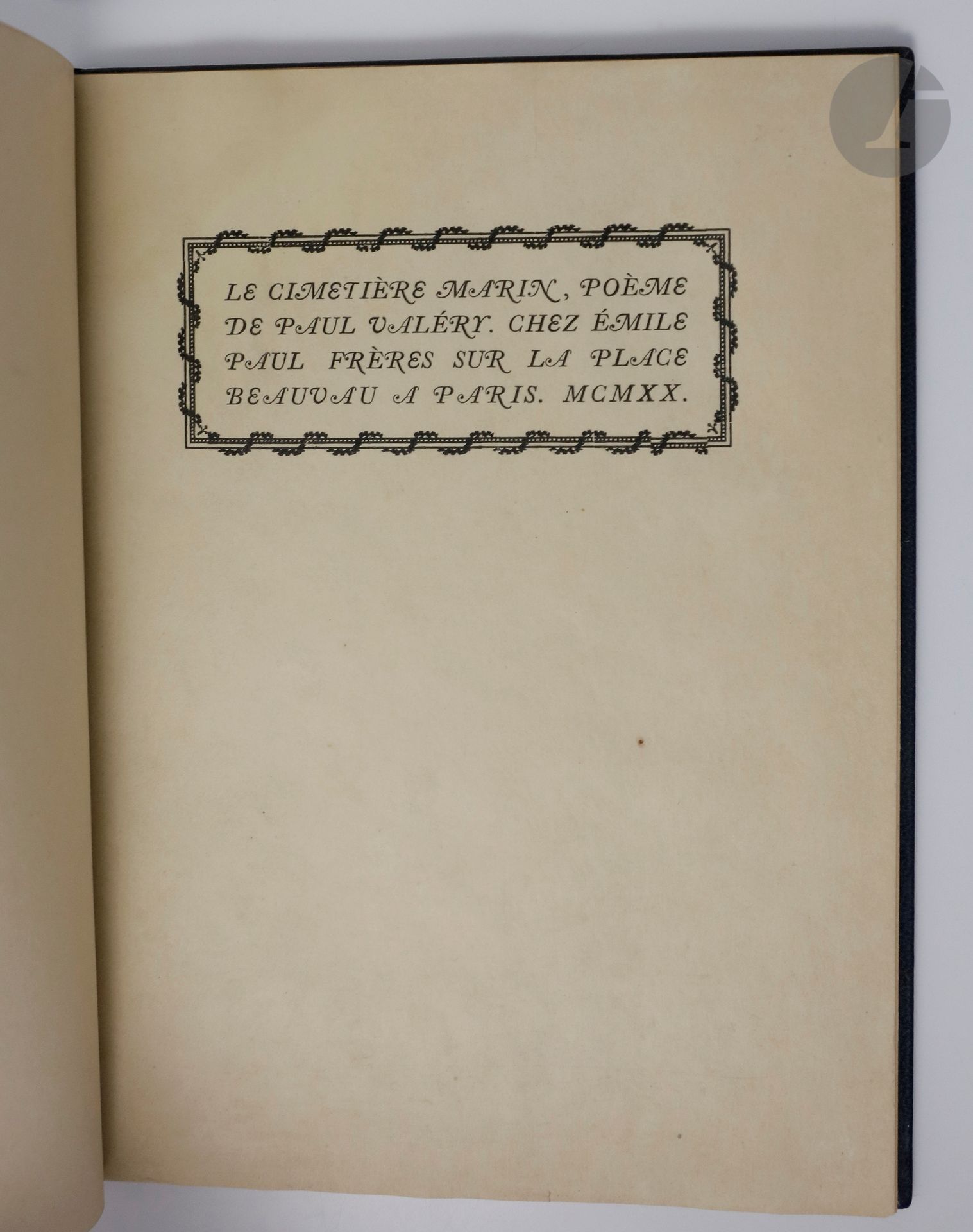VALÉRY (Paul).
Le Cimetière marin, poem.
Paris: Émile Paul frère, 1920. - In-8, Jansenist midnight blue morocco, back with nerves, gilded head, untrimmed, cover preserved, case (Devauchelle).
Original edition.
Limited edition of 556 copies, this one of the 500 on paper of the Mittineague-mill (n° 4), perfectly bound by Devauchelle.
Provenance : Georges Degryse, with ex-libris.




