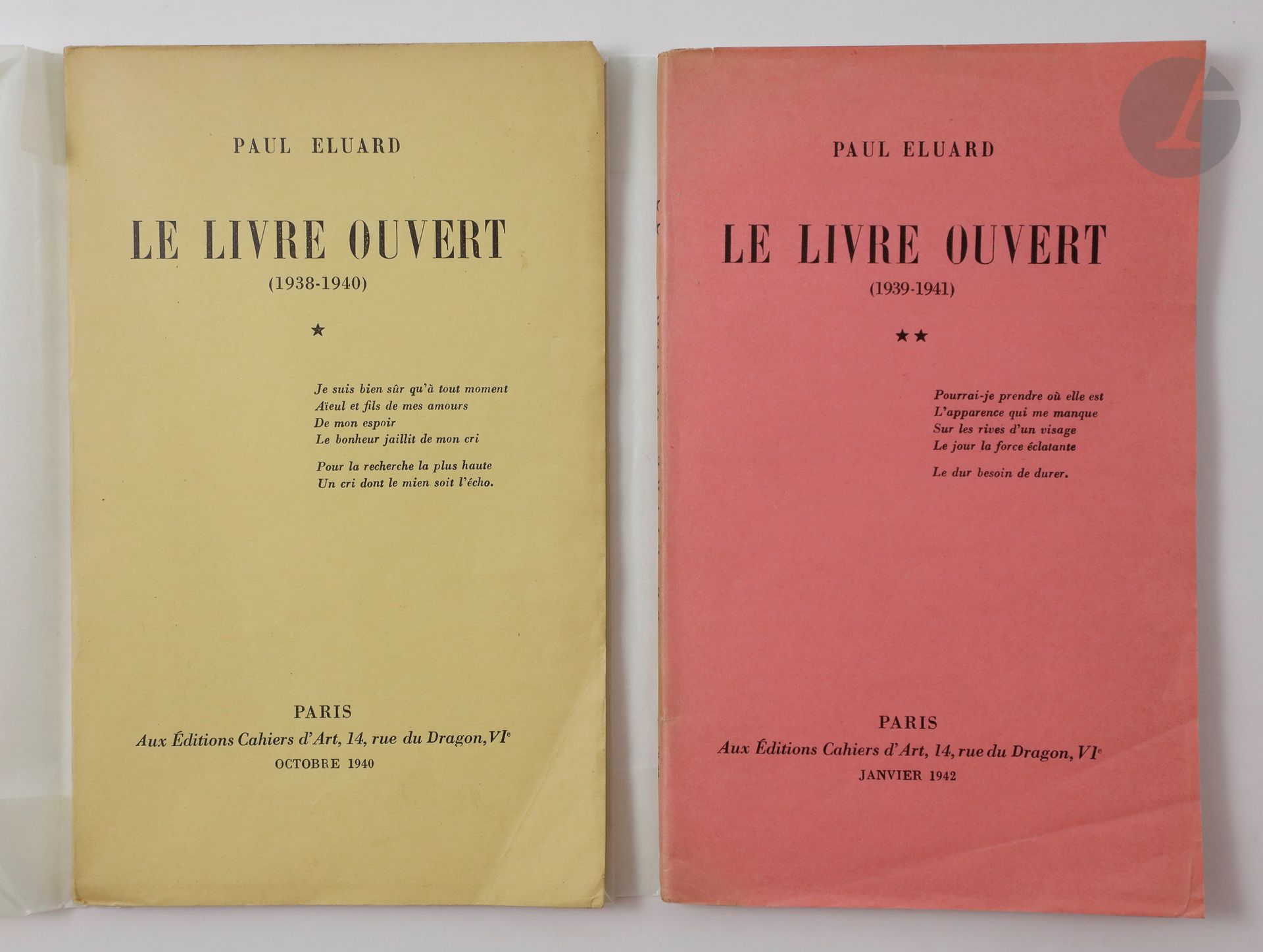 ÉLUARD (Paul).
Le Livre ouvert (1938-1940)* - (1939-1941)**.
Paris : Cahiers d'Arts, octobre 1940-janvier 1942. — 2 volumes in-12, broché.
Éditions originales.
Un des 250 exemplaires sur papier hélio pour le premier volume et un des 500 sur ce même papier pour le second, très bien conservés.
