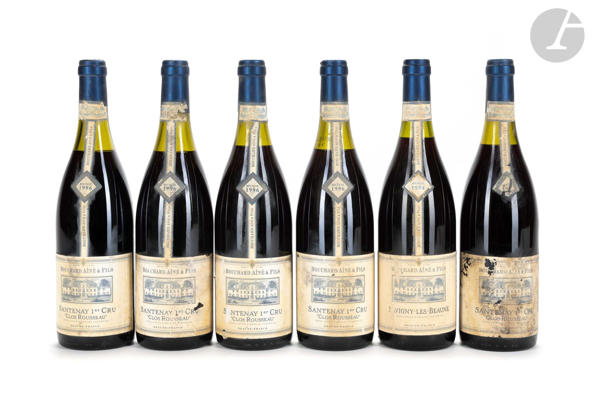 5 B SANTENAY CLOS ROUSSEAU (1er Cru) (1 à 3 ; 2 à 3,5 et 1 à 3,8 cm ; 4 e.t.h. à e.a. ; 1 e.q.i ; 1 clm. illisible ; 1 c.a.), Bouchard Aîné & Fils, 1996
1 B SAVIGNY-LES-BEAUNE (e.a. ; clm.s.), Bouchard Aîné & Fils, 1994