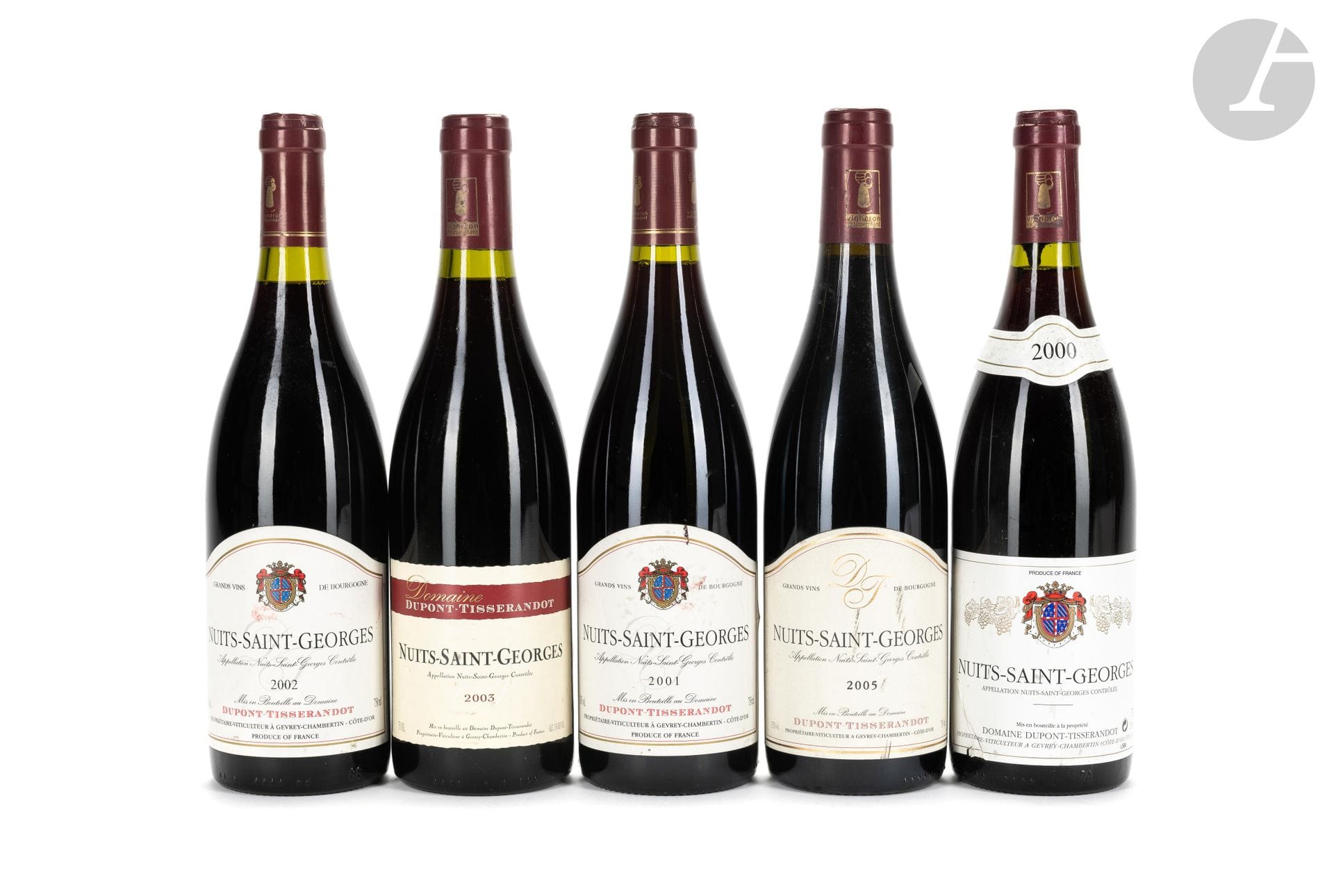 1 B NUITS-SAINT-GEORGES (e.a. ; clm.s.), Domaine Dupont-Tisserandot, 2000
1 B NUITS-SAINT-GEORGES (e.t.h.), Domaine Dupont-Tisserandot, 2001
1 B NUITS-SAINT-GEORGES (e.t.h. légères), Domaine Dupont-Tisserandot, 2002
1 B NUITS-SAINT-GEORGES (e.t.h. légères), Domaine Dupont-Tisserandot, 2003
1 B NUITS-SAINT-GEORGES , Domaine Dupont-Tisserandot, 2005