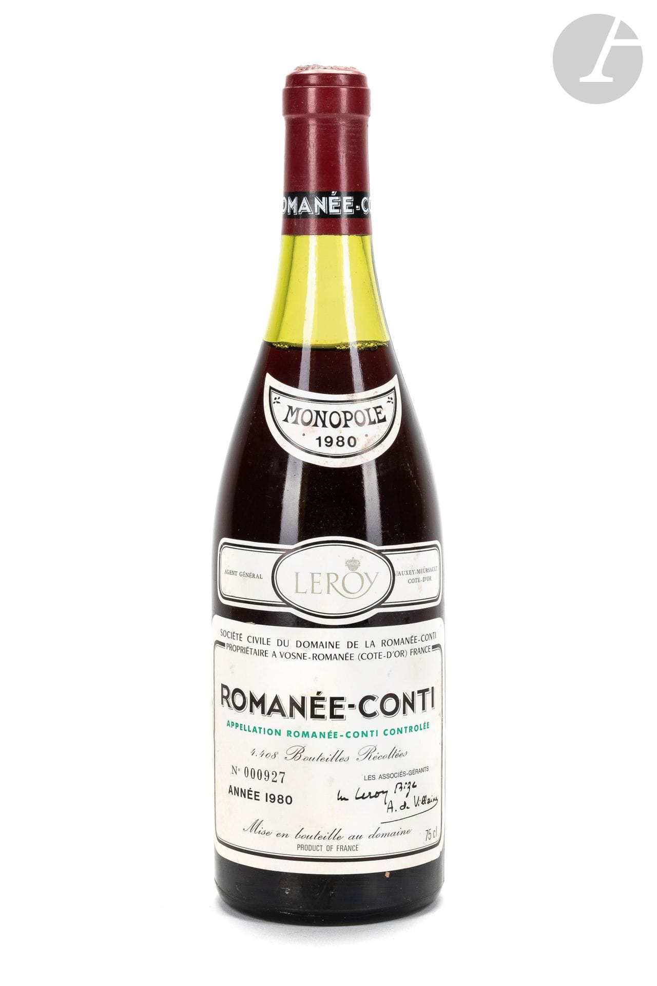 1 B ROMANÉE-CONTI (Grand Cru) (3,7 cm sur capsule ; e.t.h. légères à e.l.a. ; clm.s ; capsule bosselée ; n° 0927), Domaine de la Romanée Conti, 1980