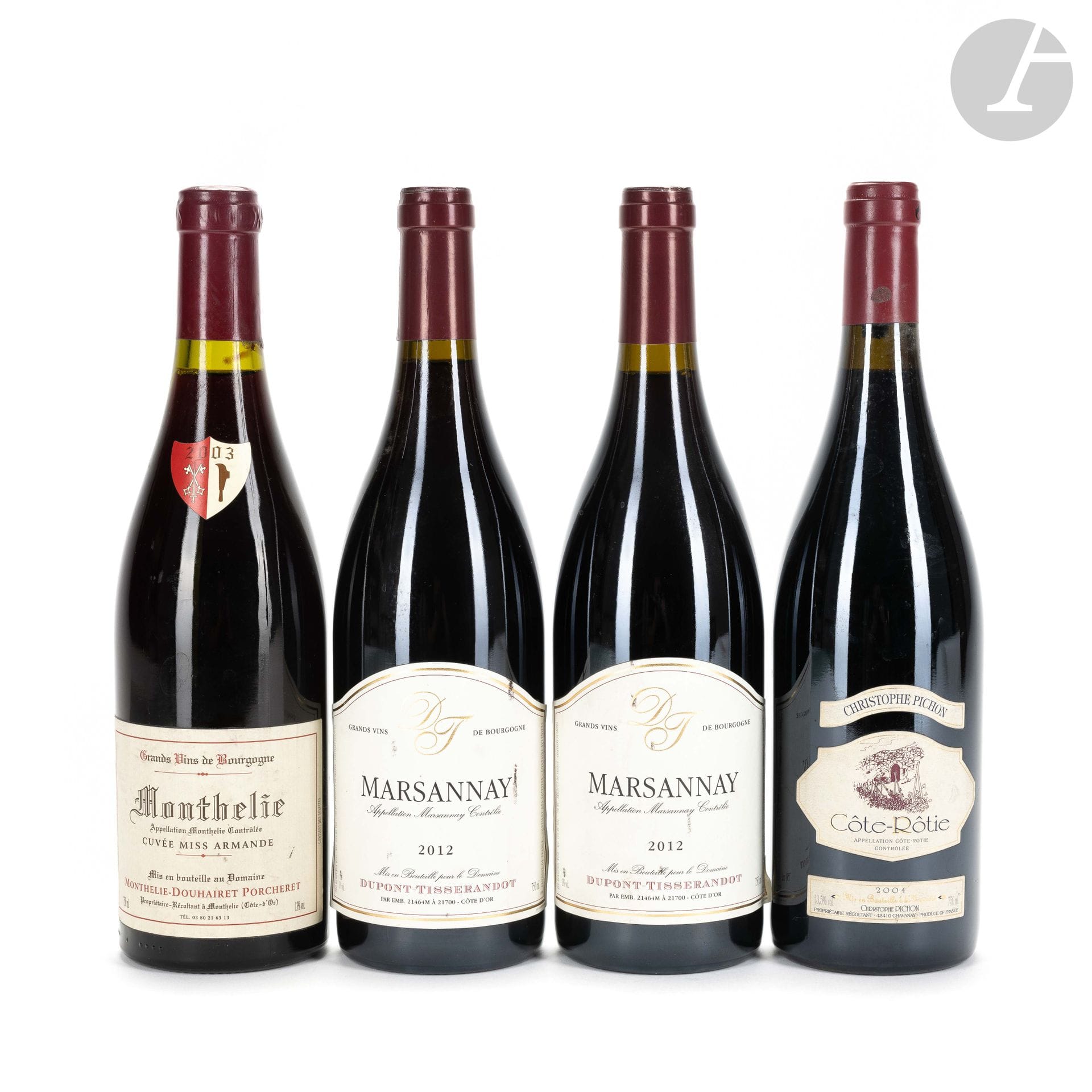 2 B MARSANNAY (e.t.h. légères), Domaine Dupont-Tisserandot, 2012
1 B MONTHELIE CUVÉE MISS ARMANDE (e.t.h. légères), Monthelie-Douhairet Porcheret, 2003
1 B CÔTE-RÔTIE (e.l.s.), Christophe Pichon, 2004
