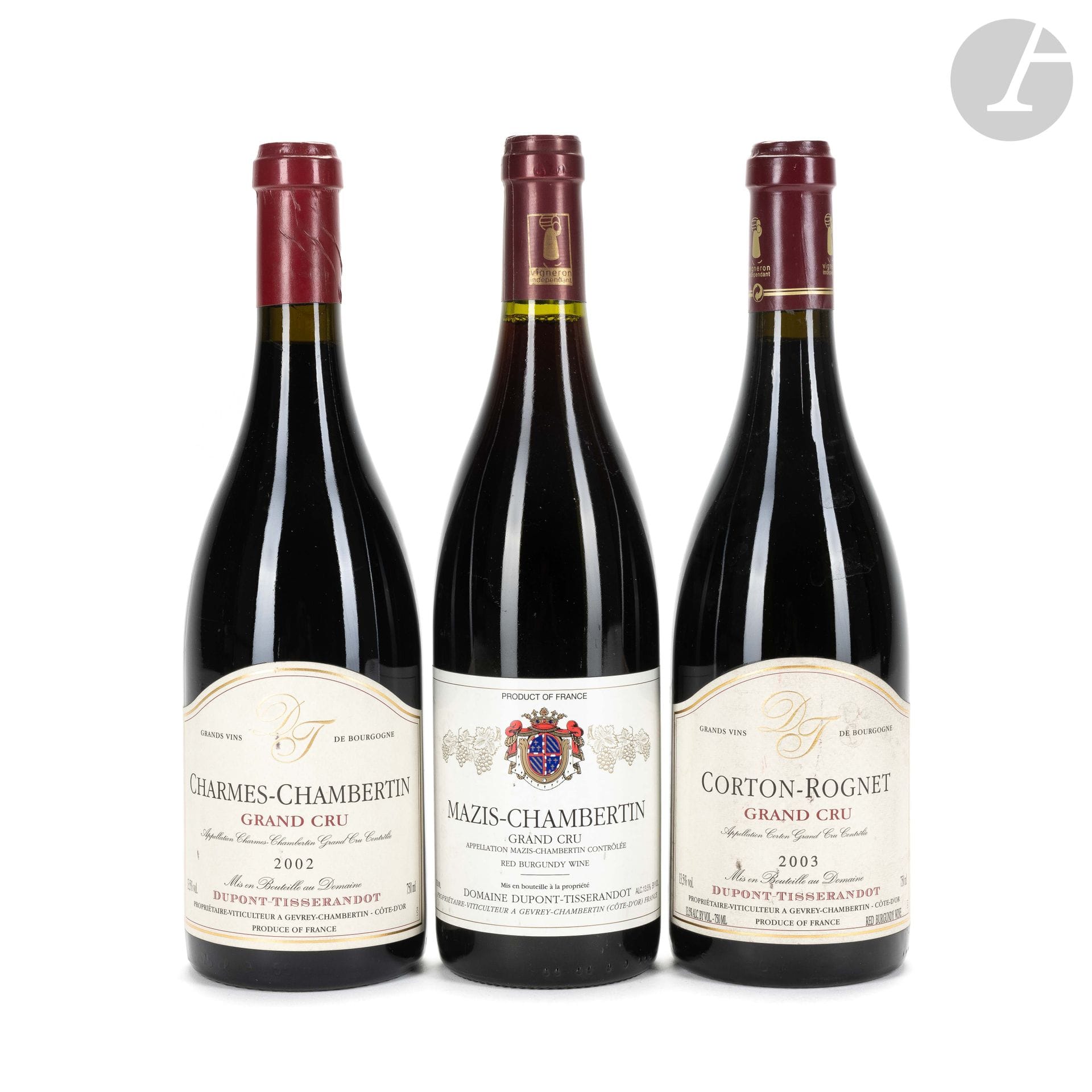1 B CHARMES-CHAMBERTIN (Grand Cru), Domaine Dupont-Tisserandot, 2002
1 B CORTON-ROGNET (Grand Cru) (e.t.h. légères), Domaine Dupont-Tisserandot, 2003
1 B MAZIS-CHAMBERTIN (Grand Cru) (e.l.s ; s.c.m.), Domaine Dupont-Tisserandot, ?