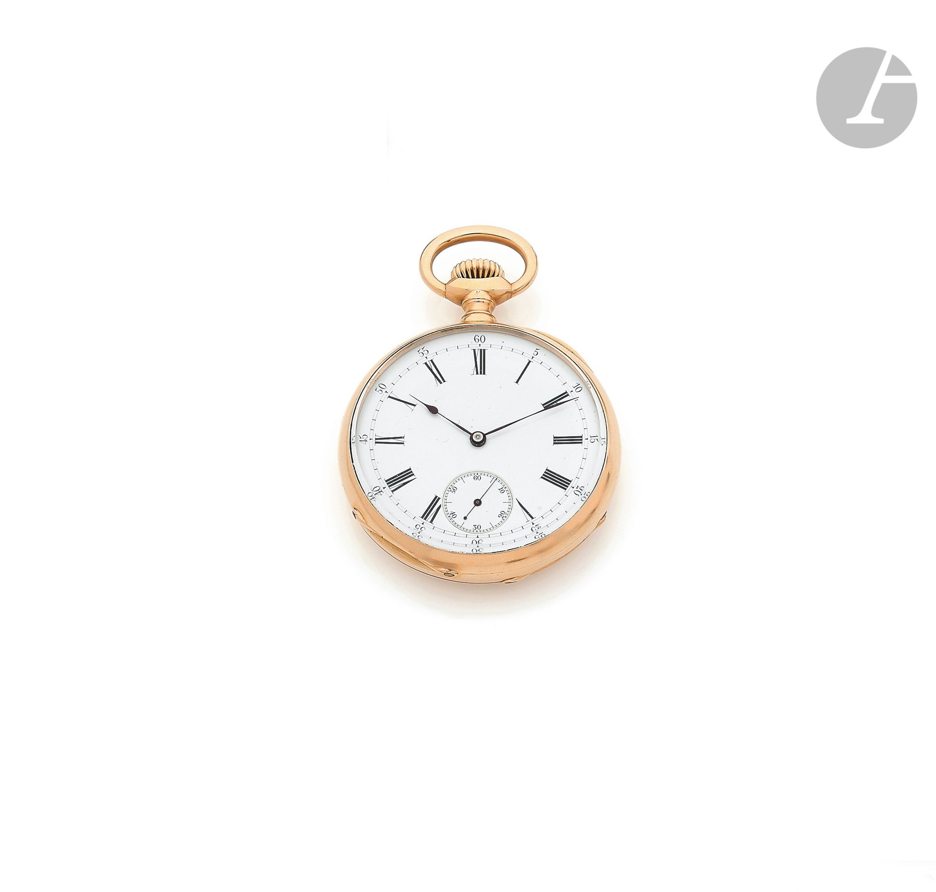 A.H.RODANET. Vers 1900 
N° 4631
Montre de poche en or 18K (750 ‰), cadran émail blanc, index chiffres romains formant les heures, trotteuse à 6H, mouvement à remontoir, boîtier lisse, cuvette intérieure or. 
Diamètre : 46,6 mm
Poids brut : 81,5 g
La montre est accompagnée d’un écrin Leroy.