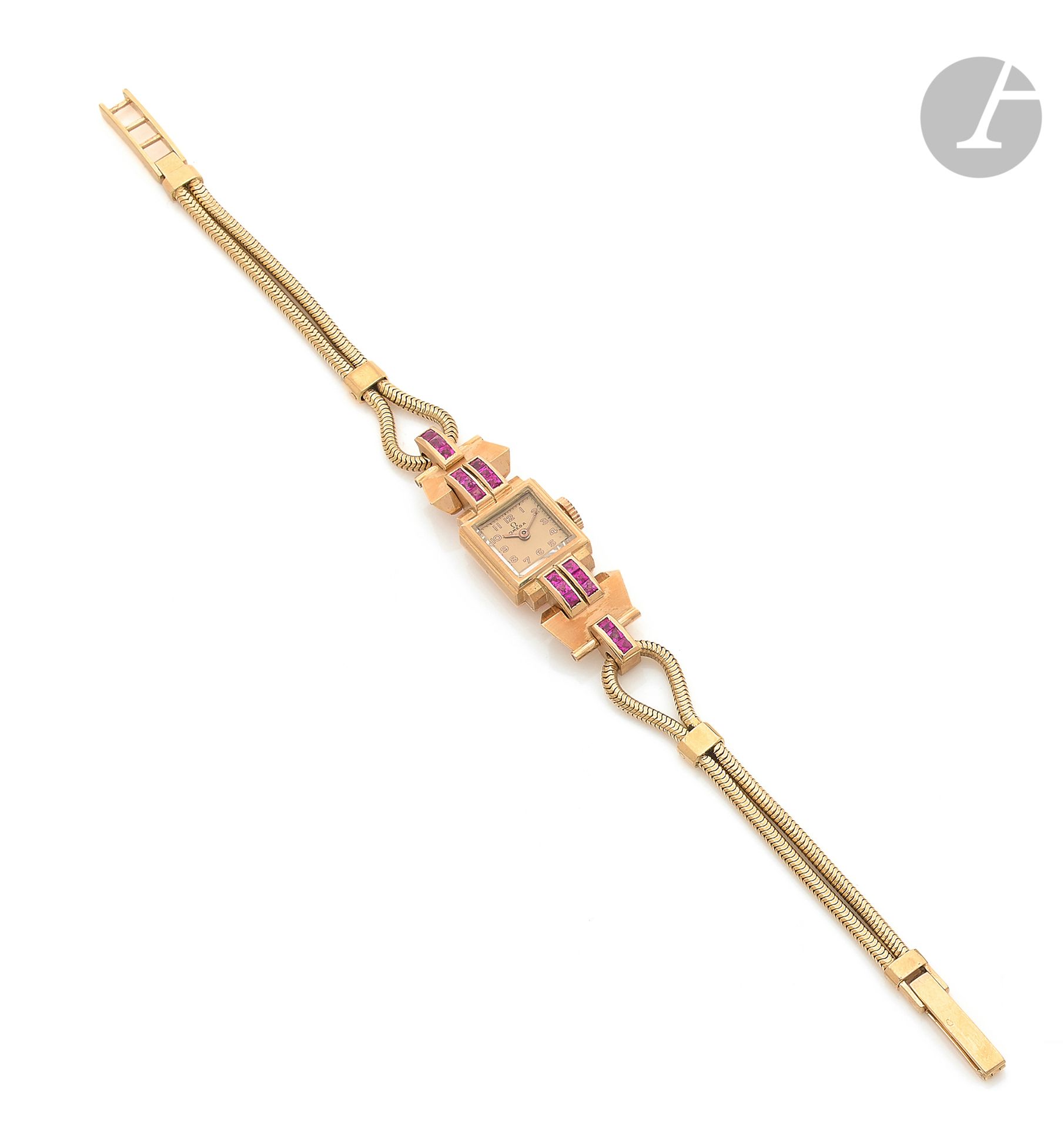 OMEGA. Circa 1950No.

106335Women's 18K (750 ‰) pink gold wristwatch, pink dial, Arabic numeral hour markers forming the hours, case set with synthetic rubies, mechanical winding movement No. 9720774, 18K yellow gold tubogas-type bracelet. 
Dial, case and movement signed. 
Length: 20
cmGross
weight
: 28.7 g




