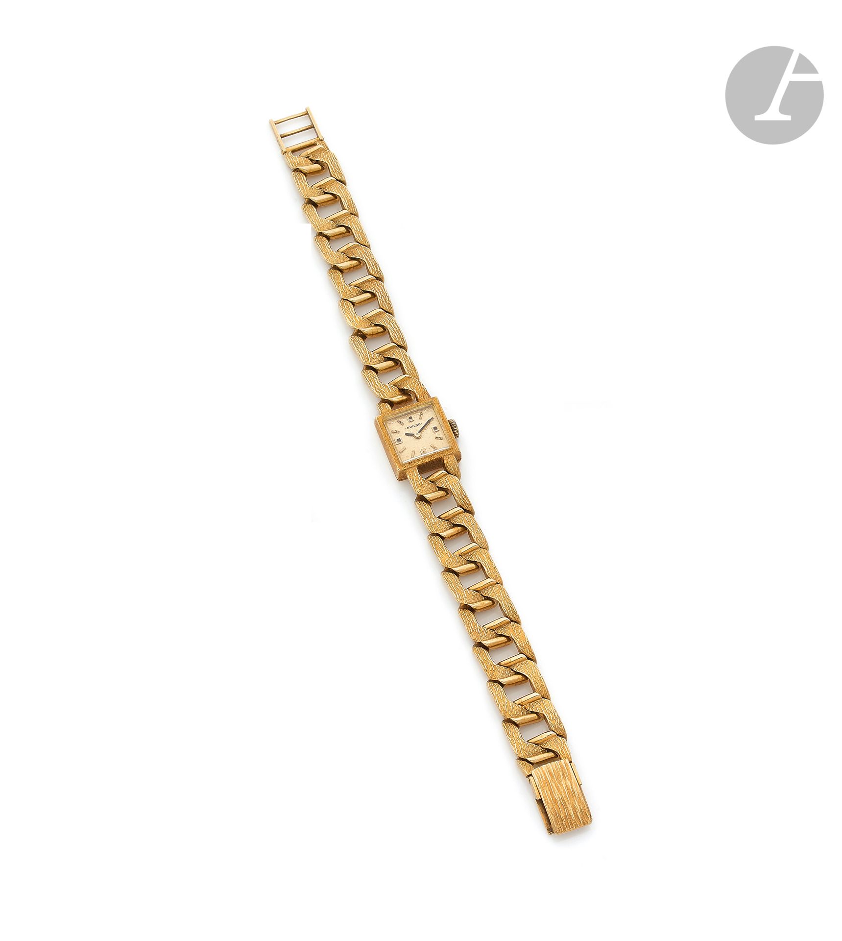 GUILDE. Circa
1970Women's 18K (750 ‰) gold wristwatch, gilt dial, applied baton hour markers forming the hours, mechanical winding movement, 18K gold bracelet of the gourmette type. 
Dial signed. 
Length: 18.5
cmGross
weight
: 53 g



