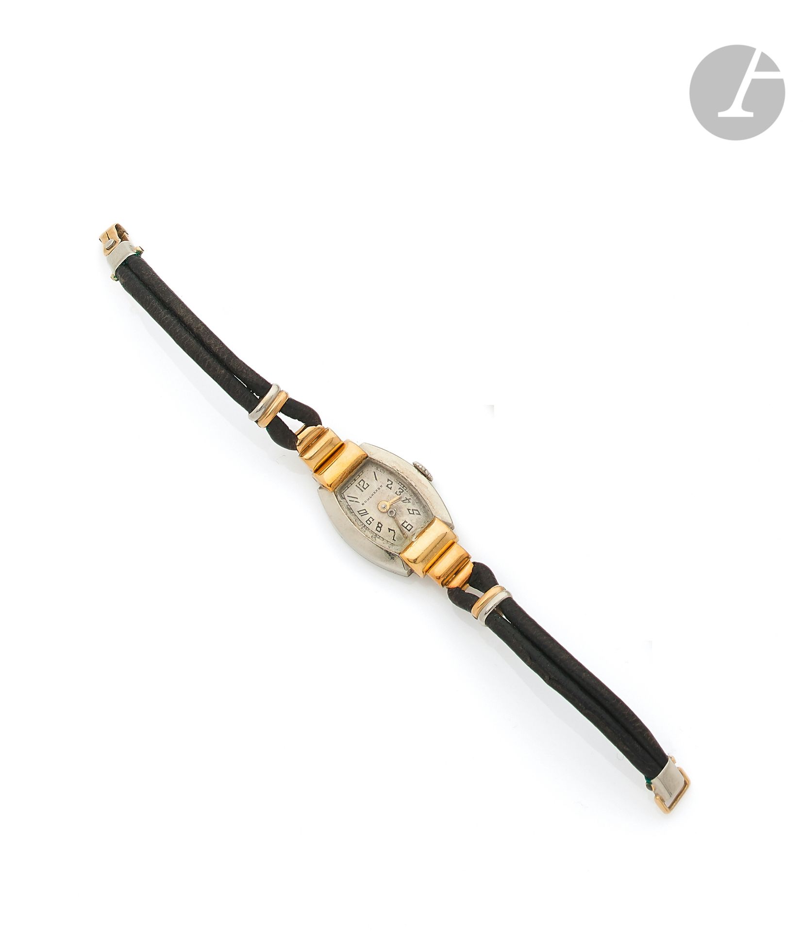 BOUCHERON. Circa 1930No.

8070Women's two gold, 18K (750 ‰) yellow and white gold wristwatch, white dial, Arabic numeral hour markers forming the hours, winding movement, double leather cord bracelet with its two gold clasp. 
Dial signed, case numbered. 
Gross weight : 16 g



