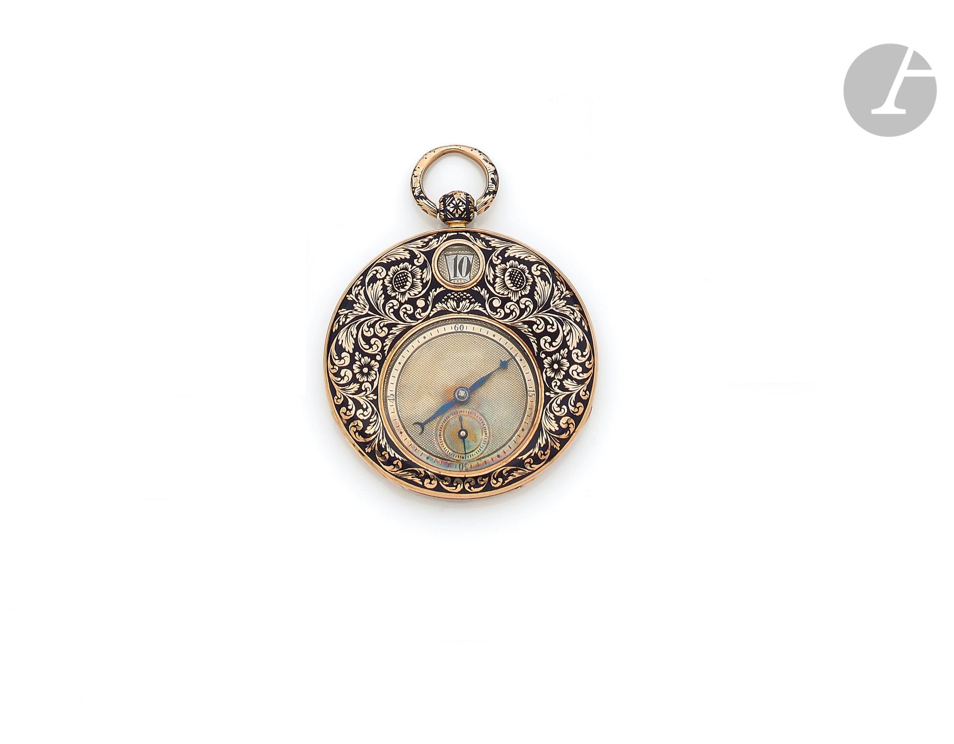 Anonymous. Circa 1830No.

40764Pocket
watch
in 18K gold (750 ‰), gilt dial (oxidations) minute hand, hour hand by window at 12 o'clock, second hand at 6 o'clock, case with black enamel decoration, cylinder escapement. 
Diameter: 43
mmGross
weight
: 48.2 g



