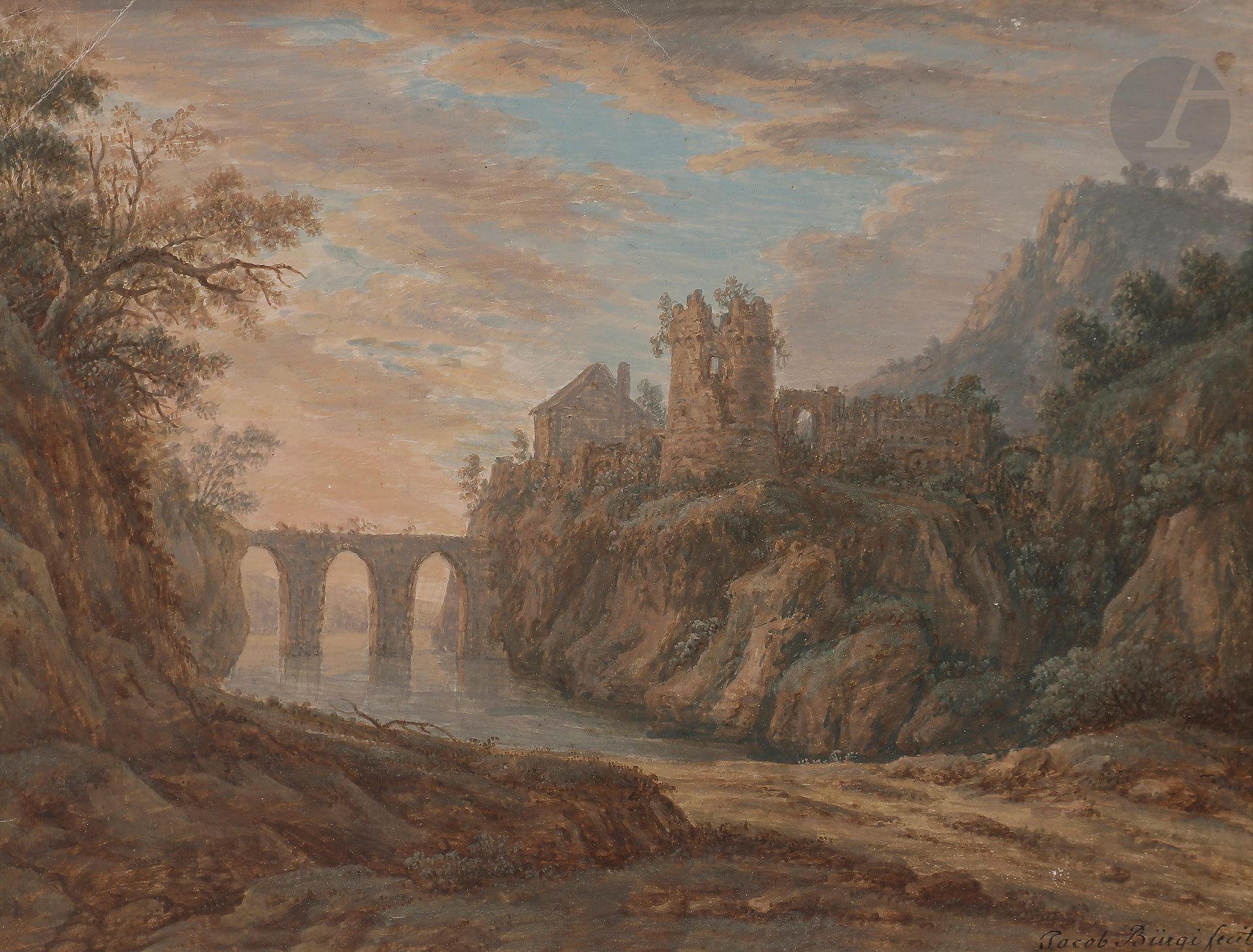 Jakob BURGI (Switzerland 1745 - ca. 1795)

Landscape with a bridge

Gouache.

Signed lower right.

(Small tear in the upper left corner and small stains).

16,5 x 21,5 cm