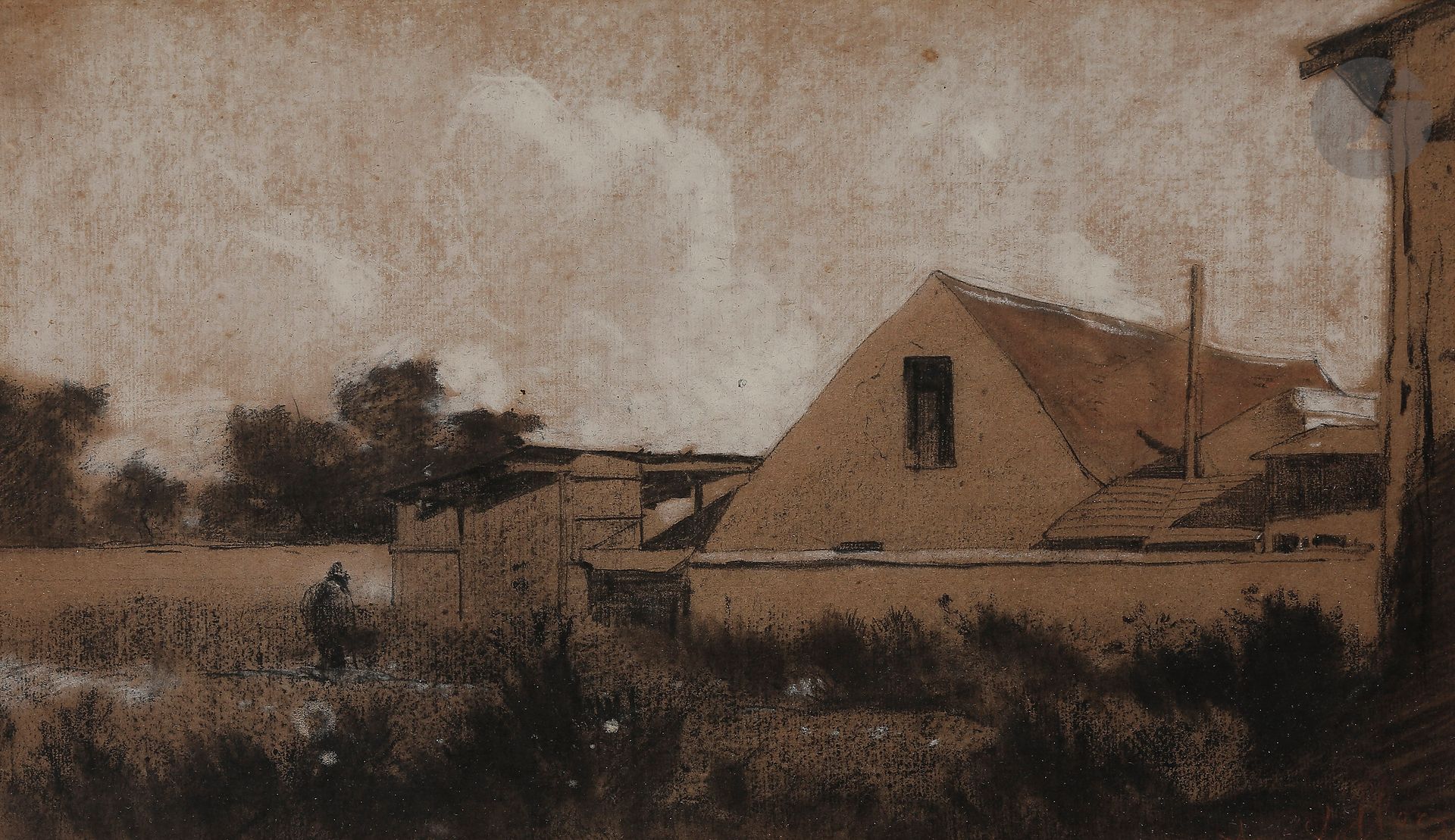 Antoine VOLLON (Lyon 1833 - Paris 1900)

Suburb, back garden

Black stone, blur, brown wash and white chalk highlights on buff paper.

Signed lower right.

(Old label on the back "lot 123, Sunday 23 June 1996, Maître M. Guerin, Saint Dié").

23,5 x 39 cm