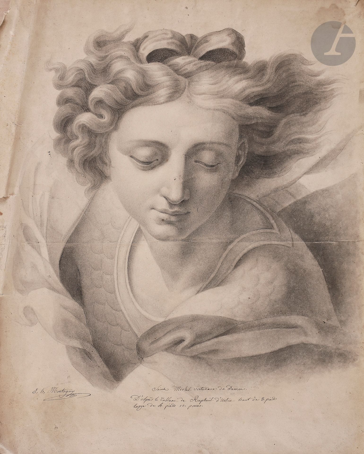 Élie Honoré MONTAGNY (Paris c,1795 - 1864)

Saint Michael after Raphael

Black stone.

Signed lower left.

(Bends, tears).

30,5 x 48,5 cm



A drawing by the same artist is attached.