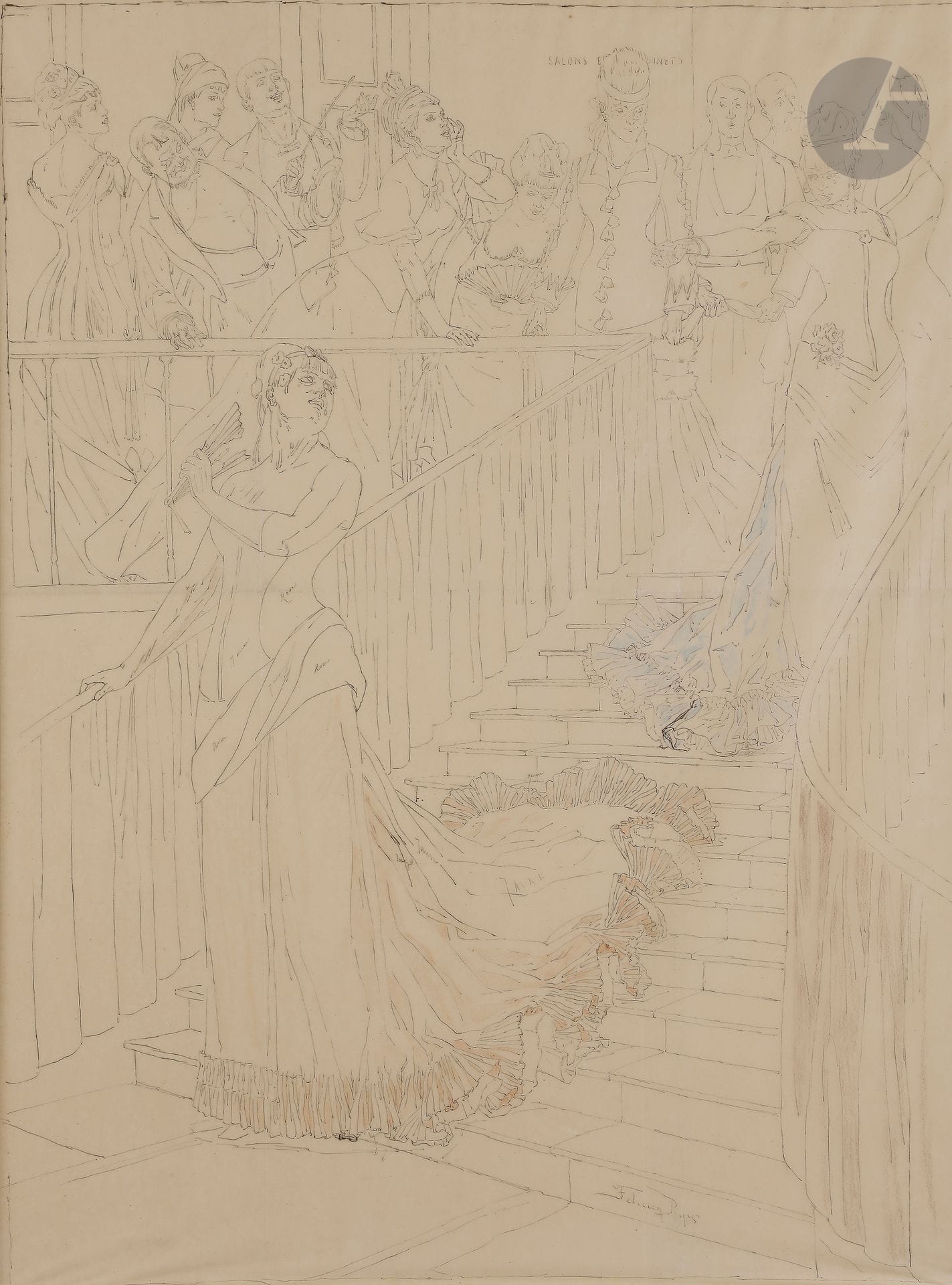 Félicien ROPS (Namur 1833 - Essonnes 1898)

L’Attrapade, 1877

Crayons de couleur, plume et encre brune sur papier calque.

Signée en bas à droite.

(Pliure horizontale et pliure verticale, annotations de couleur sur le dessins.)

76 x 57 cm



Fondateur à Bruxelles de la société internationale des aquafortistes en 1869 et membre fondateur du Groupe des XX en 1883, le graveur et dessinateur Félicien Rops s’attacha à magnifier la femme. Il réalise ainsi à Paris en janvier 1877 L’Attrapade, l’un de ses chefs d’œuvre, où deux femmes présentées comme des objets de désir se font face. Après l’avoir malencontreusement tachée d’encre, l’artiste s’appuie sur cette première version pour réaliser notre calque qu’il annote, avant de la découper. Félicien Rops a alors réalisé une seconde version de L’Attrapade, visible aux Musées royaux des Beaux-Arts de Belgique (inv. 3567). 



Nous remercions Madame Monique Cuvelier-Ladot, Présidente du Fonds Félicien Rops (www.fondsrops.org) de nous avoir confirmé l’authenticité de cette œuvre.