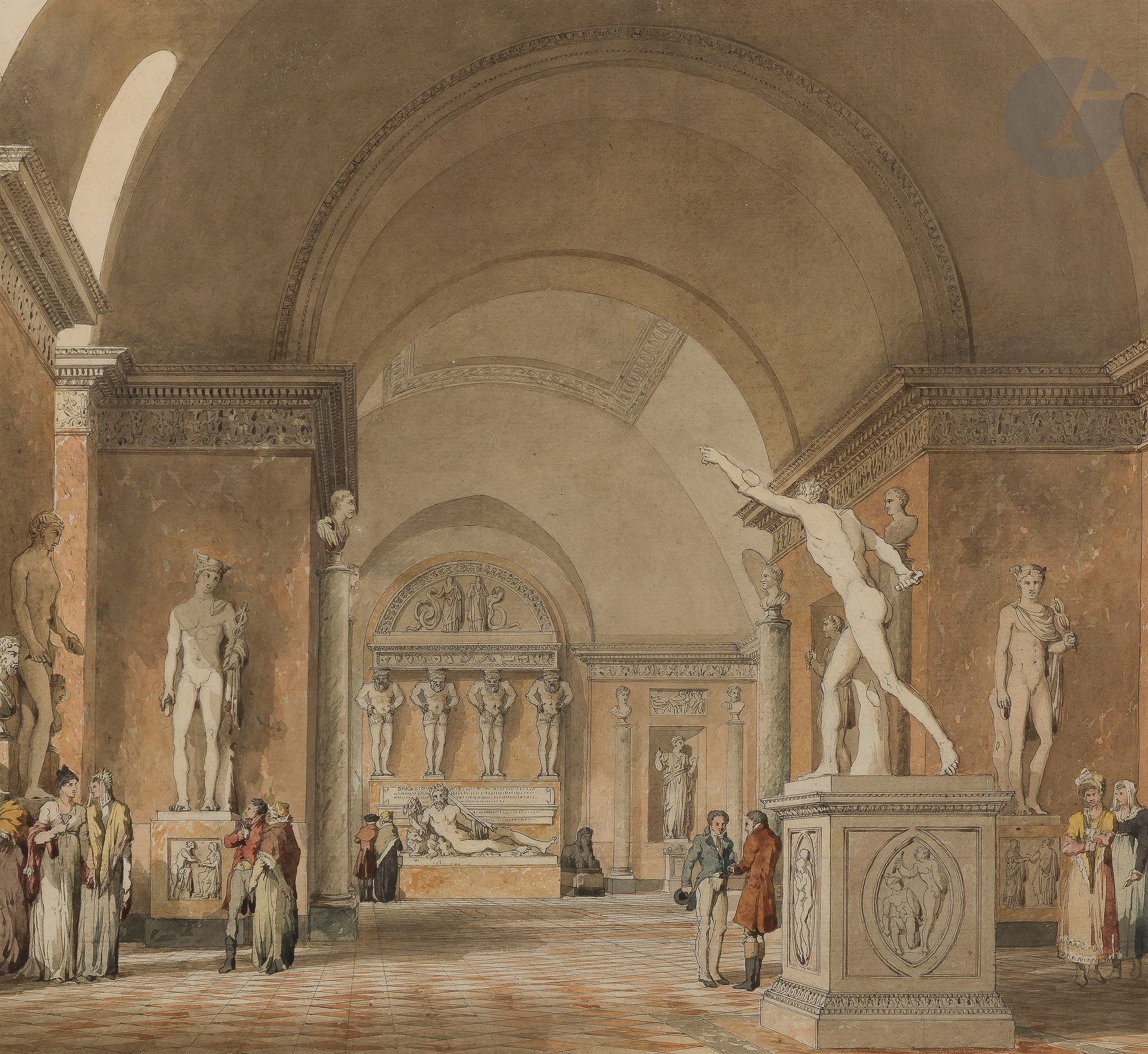 Pierre-François-Léonard FONTAINE (Pontoise 1762 - Paris 1853)

Animated View of the Salle du Héros Combattant and the Tiber, Louvre, ca. 1817

Watercolour, pen and black ink

29,5 x 32,5 cm



Provenance:

- Pierre-François-Léonard Fontaine.

- Bequest of all his drawings to his daughter Aimé-Sophie Dupuis (born in 1803), who married his pupil, the architect Louis-Symphorien Meunié.

- His son Georges Meunié (1833-1927), then the latter's wife Félicie Meunié d'Hostel (1843-1936), who edited the drawings in albums

drawings in albums; her ex-libris on the inside cover of the binding.

- By descent, Dallemagne collection. 



This room was taken over by the architect Raymond in this wing of the Louvre in 1804-1805. Percier and Fontaine were commissioned to design it as part of the Napoleon Museum. The Hall of the Fighting Hero and the Tiber, in the extension of the Gallery of Melpomene, was opened in 1808. In 1815, it was only partially completed. After the withdrawal of sculptures following the fall of Napoleon and the Vienna Accords, the curator Visconti had to rearrange the rooms to fill in the gaps. Fontaine, still the architect of the Louvre Palace, was obviously in charge. The complex was inaugurated under Louis XVIII in 1817. In what was then called the Galerie Royale des Antiques, the Salle du Héros Combattant housed the famous Borghese Gladiator, a Greek antique found near Anzio in 1611. The jewel in the crown of the Borghese collection, it was bought by Napoleon from his brother-in-law Camille Borghese in 1807. Behind it, in the background, at the foot of the Atlanteans, you can see the Tiber, discovered in Rome in 1512. Ceded by the Pope at the Treaty of Tolentino in 1803, it was first exhibited in the Hall of Rivers before its counterpart, the Nile, was returned to the Vatican in 1815. The Musée du Louvre holds a "View of the Gallery of Melpomene after 1817" (RF 30628) describing the other end of this great enfilade, where a sumptuous niche housed the Medici Venus during the Empire, replaced in 1817 by a colossal statue of Melpomene. Other views of the ancient sculpture rooms of the Napoleon Museum were painted by Fontaine in 1815. These include "L'ancienne salle de l'Apollon du Belvédère" (Christie's, anonymous sale, Paris, Thursday 10 April 2008, no. 146, reproduced) and "La vue de la Salle des Empereurs romains et du Grand Vestibule" (Galerie Terrades, 2006, no. 8, reproduced).