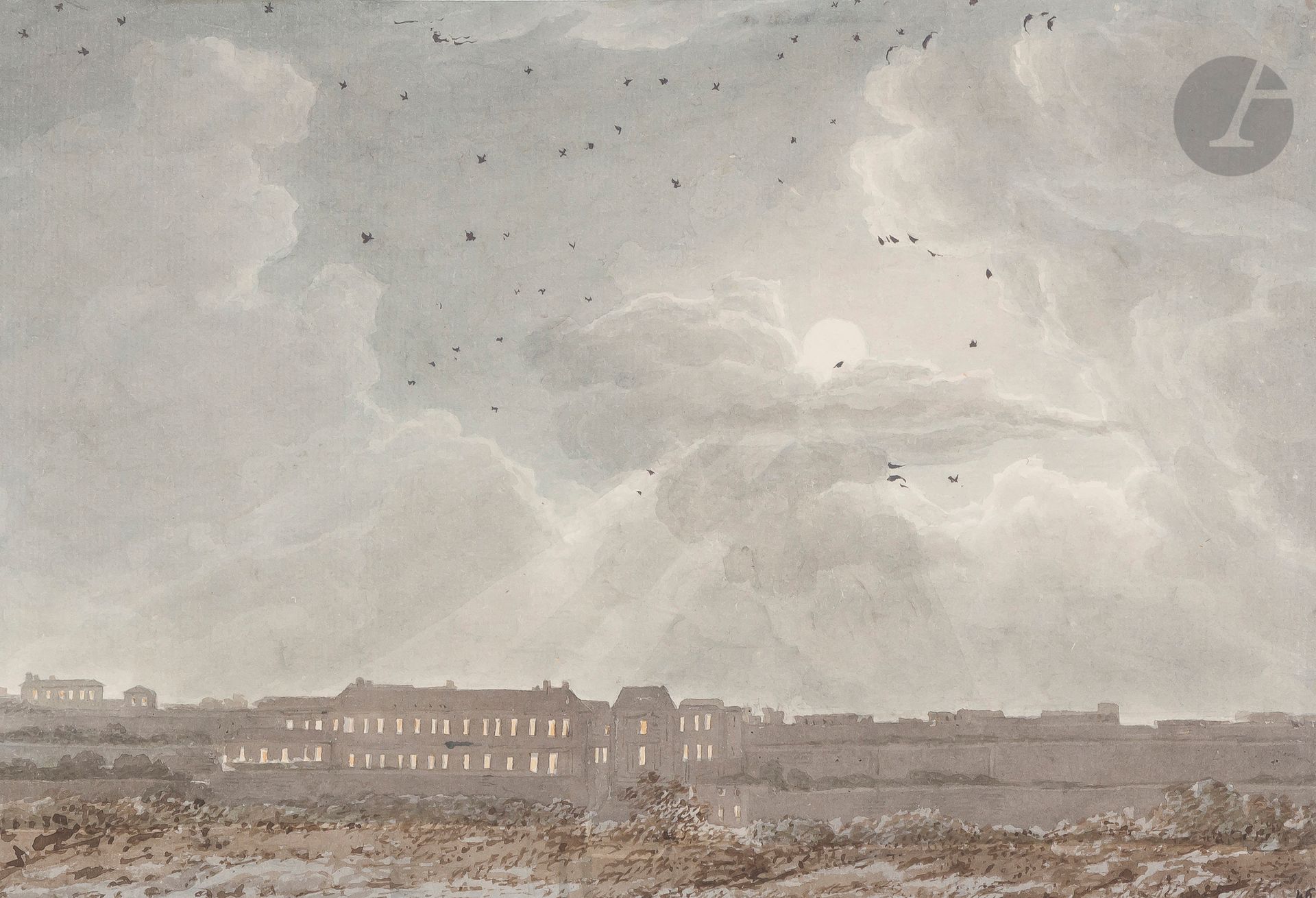 
Pierre- François- Léonard FONTAINE (Pontoise 1762 - Paris 1853)
 Un album comprenant 160 dessins, croquis et aquarelles montés sur 51 cartonnages bleus
 Les dessins sont collés sur les pourtours uniquement (tous sont numérotés à la plume et encre noire en bas à droite), deux sont recto- verso et un seul dessin est signé.
 Sur la page de garde, inscription à la plume et encre noire: « N1/Album/ de/ Dessins, Croquis, Aquarelles/par/ P.F.L. Fontaine,/architecte/1785- 1850 »
 Une table manuscrite des dessins contenus dans cet album se trouve à la dernière page de l’album.
 Tranches dorées.
 Reliure à cinq nerfs, titrée « P.F.L. Fontaine, croquis, dessins et aquarelles »
 (Quelques usures sur la reliure).
 Dimensions de l’album : 36,5 x 48 cm
 
 Provenance :
 - Pierre-François-Léonard Fontaine.
 - Legs de tous ses dessins à sa fille Aimé-Sophie Dupuis (née en 1803), qui épouse son élève l’architecte Louis-Symphorien Meunié.
 - Son fils Georges Meunié (1833-1927), puis la femme de ce dernier Félicie Meunié d’Hostel (1843-1936), qui montera les dessins dans des albums ; son ex-libris sur le plat intérieur de la reliure.
 - Par descendance, collection Dallemagne.
Sans Fontaine, Paris ne serait pas Paris, et l’Empire n’aurait pas eu autant d’éclat. La longévité exceptionnelle de Fontaine, mort à 91 ans, lui fait traverser tous les régimes. Il met son talent à la disposition de la France, comme Talleyrand, et sait se plier aux politiques, toujours au service de l’architecture civile et de la représentation glorieuse de son pays.  
 
 Pierre- François- Léonard naît en 1762. Dès son adolescence, son père, architecte-fontainier, l’emploie à ses travaux pour le prince de Conti au château de l’Isle- Adam. Il entre en 1779 à l’école d’architecture de Peyre le Jeune, où il rencontre son alter ego Percier. « Parce que c’était lui, parce que c’était moi » : Percier et Fontaine perpétueront la tradition de Montaigne et La Boétie. En attendant, Fontaine est admis en 1782 à l’Académie royale d’architecture. En 1785, il obtient le Second Prix au concours du Prix de Rome. Fontaine ne remporte pas la place officielle de pensionnaire et prend les devants : il part pour Rome dans la foulée, impatient de découvrir les merveilles de l’Italie. Percier, Grand Prix en 1786, le rejoint. En 1787, Fontaine devient aussi pensionnaire de l’Académie de France, au palais Mancini à Rome. « Les Étrusques », comme on les surnomme, ne se quitteront plus.      
 
 Cet album est un émouvant témoignage de ses années italiennes. Numéroté Alpha, cet album contient une quantité inédite de dessins réalisés pendant ses pérégrinations dans la campagne romaine et dans Rome. Il témoigne du labeur continuel dans les nombreux relevés d’antiques et de fragments de décors sculptés ou peints.  
 
 Il se prolonge avec de formidables documents sur les grands travaux au service du Premier Consul puis de l’Empereur : décor de la chapelle de La Malmaison, aménagements du parc de Saint- Cloud, décor pour l’Opéra- Comique, percement de la rue de Rivoli, escalier du Conseil d’État aux Tuileries, relevés de Saint- Denis dévasté par les révolutionnaires… 
                  100 000 / 150 000 €14525_1
 Liste des 51 montages et descriptifs
Montage n°1       
 Vue d’un temple sur une falaise surplombant la mer 
 Lavis brun sur traits de crayon noi