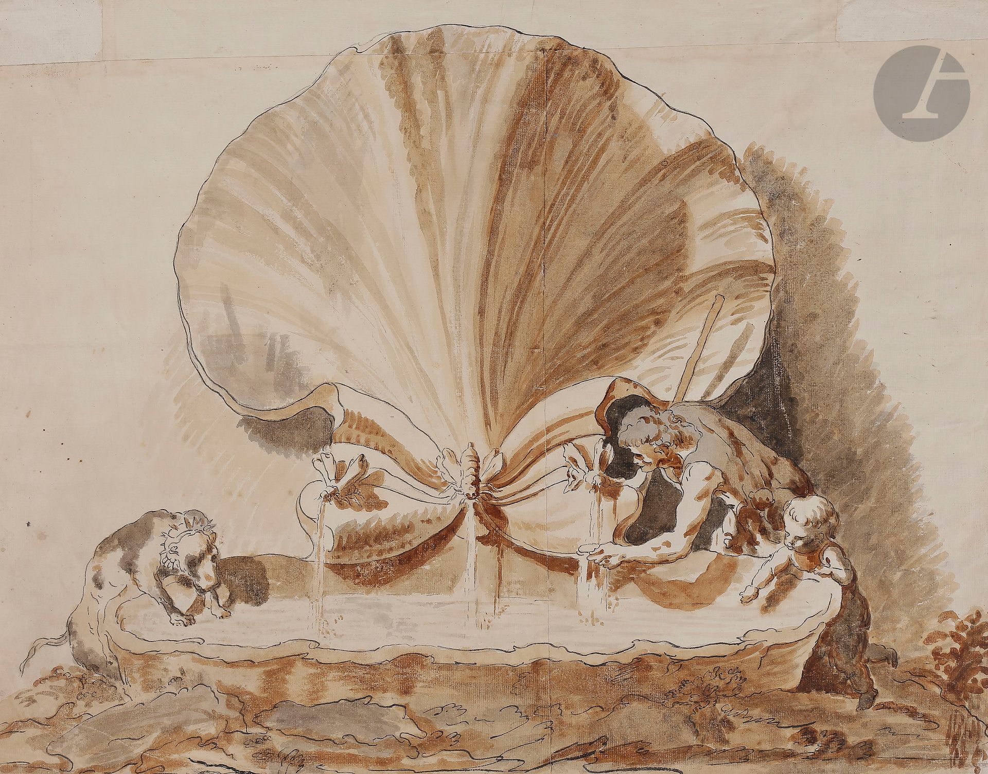 ÉCOLE FRANÇAISE de la deuxième partie du XVIIIe siècle

La Fontaine des abeilles du Bernin, à Rome

Plume et encre noire sur traits de crayon noir, lavis brun et gris sur plusieurs feuilles de papiers assemblées.

(Collé sur un doublage ancien avec une façade architecturée en transparence).

41 x 52,5 cm



 La fontaine fut réalisée par le Bernin en 1644, à l’angle de la Piazza Barberini et de la Via Veneto. Les abeilles sont l’emblême de la famille d’Urbain VIII, les Barberini.