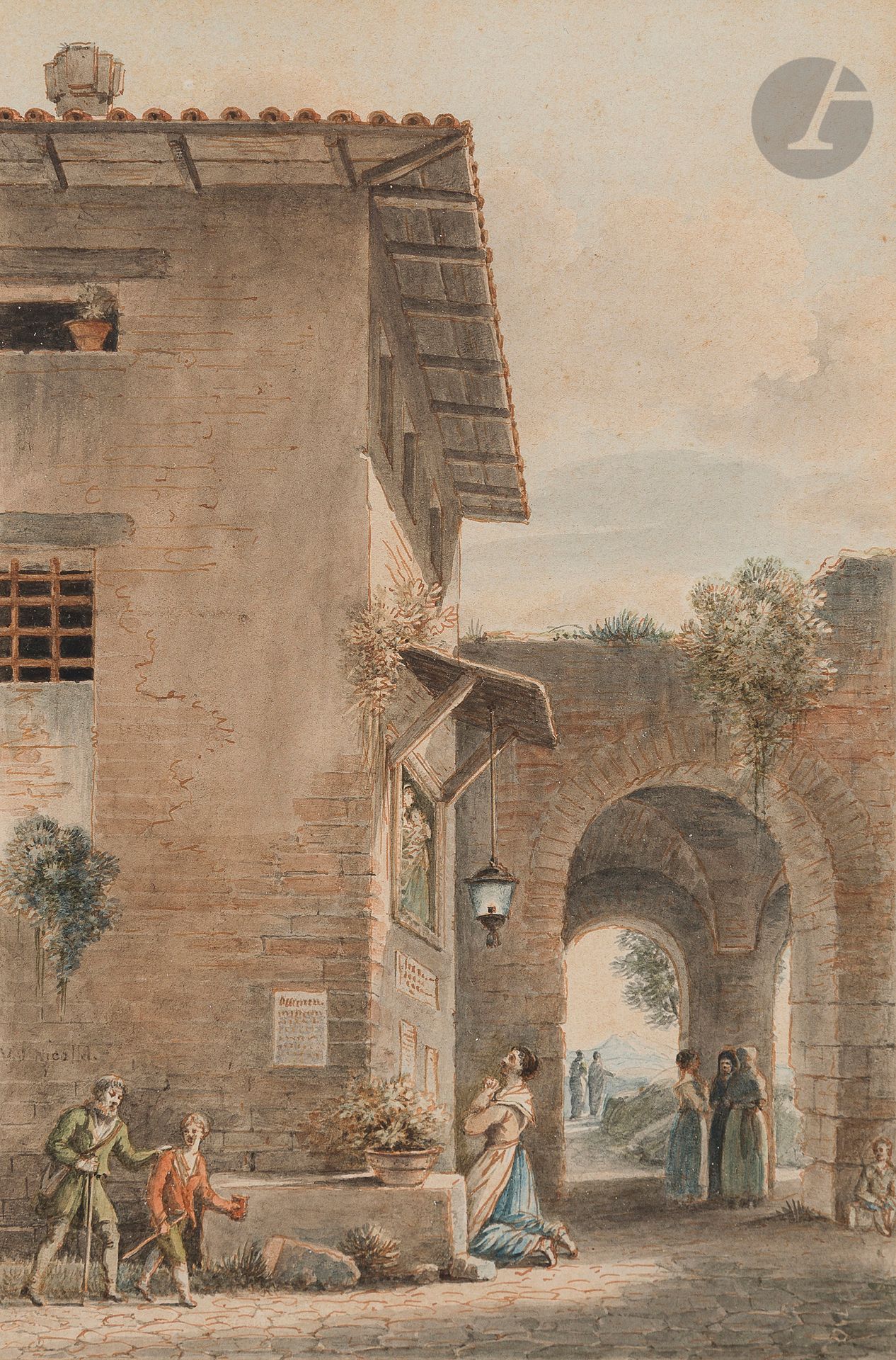 Victor-Jean NICOLLE (Paris 1754 - 1826)

Oratory on the Via Osti in Rome - View of the Ancient Saint Pancras Gate on Mount Janiculum in Rome

Watercolour, pen and brown ink.

26 x 19 cm each



This drawing is related to the famous painting in the Louvre, painted in 1793-94. There is a repentance in the position of the arm and torso of the muse on the left. The background is simplified compared to the painting in the Louvre.

There is another drawing of the group that has been sold several times (see for the last one: Sotheby's, New-York, January 26, 2011, n° 662, reproduced). Also large in size, this one focuses on the contours while the shadows are cross-hatched. The woman's hand on the right rests on her thigh. A line sketch is also in the Louvre (RF 29248).

Finally, a drawing of this subject was presented at Regnault's after-death sale (Paris, 1-5 March 1830).

It would seem that Regnault painted Les Trois grâces to show a less radical way in the antique inspiration than the severe style of David in Les Sabines. Regnault used professional models for the nudes in his paintings, but he usually gave the faces the features of his female pupils. Regnault knew Raphael's small composition (Musée de Chantilly) based on the antique in the Piccolomini Library (Duomo, Siena). A beautiful group of the Three Graces from the Borghese collection entered the Louvre in 1807.

The mythological subject goes back to antiquity. The Greeks called them Charites. It was Hesiod who brought their number to three. In the ancient city of the Minyans, they were worshipped as water gods in the river Cephisus, as Pindar recalls. Daughters of Zeus and Eurynome (daughter of Ocean and Thetis), they are called Aglae, Euphrosyne and Thalia. They are honored respectively as the goddesses of beauty or splendor, of charm and gaiety, of abundance and creativity. They became the Graces with the Romans. Thalia symbolizes the muse of the theatre in traditional iconography.