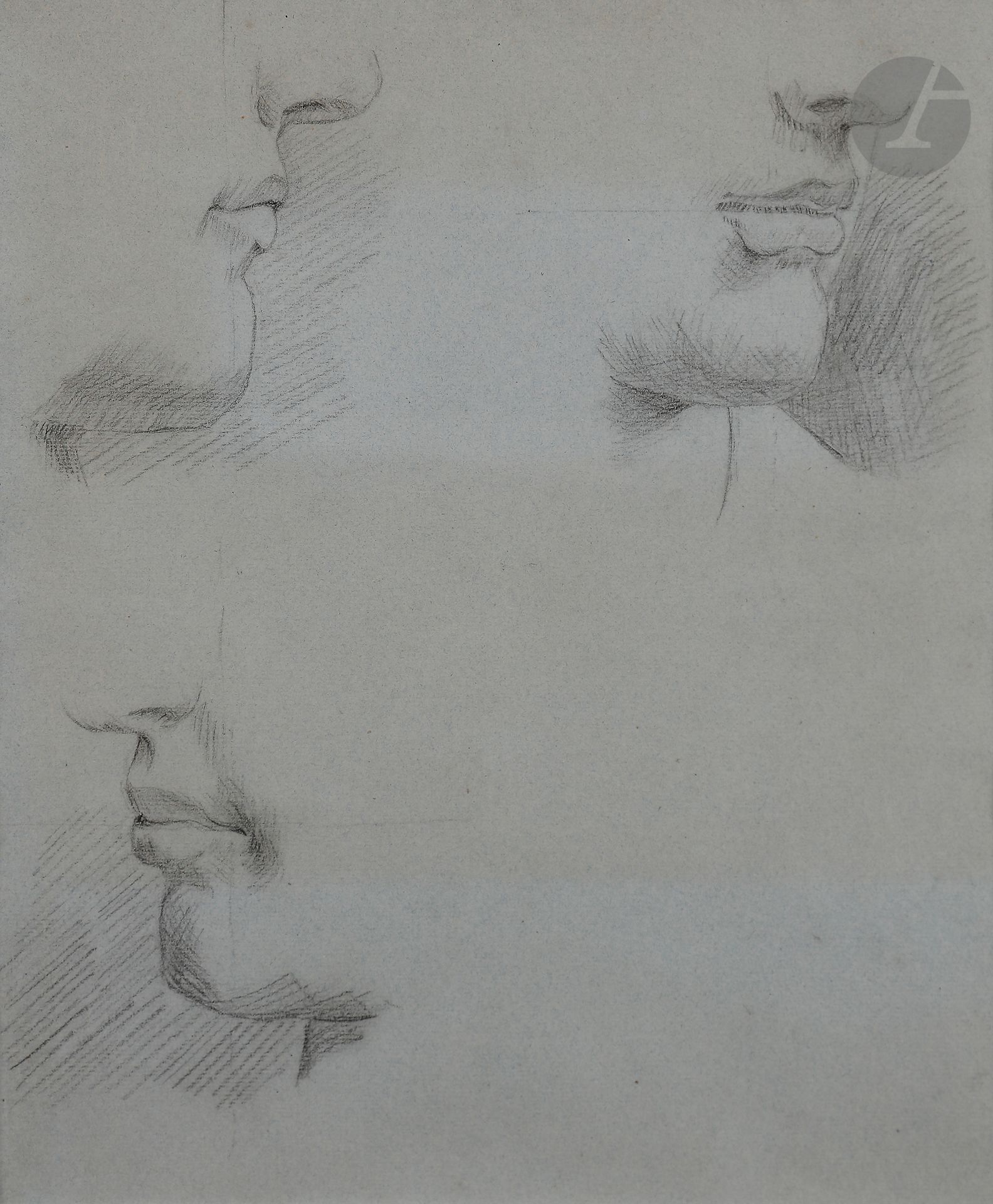 Georges Pierre SEURAT (Paris 1859 - 1891)

Three studies of the lower part of a head, circa 1874-75

Black pencil on blue paper.

Annotated on the back by Félix Fénéon.

Stamp of the sale of the Félix Fénéon estate on the back (Lugt 924a).

Watermarked paper PL at the bottom. Folded sheet on the back.

(Traces of exposure).

Size unfolded : 47 x 30 cm

37 x 30,5 cm



Provenance:

- Félix Fénéon collection, 4th sale, Hôtel Drouot, Paris, 9 July 1947, no. 88.

- Anonymous sale, Hôtel Drouot, Paris, 20 December 1954, n° 43



Bibliography:

César M. de Hauke, Seurat et son œuvre, Paris, Grund, 1961, Volume II, n° 287.