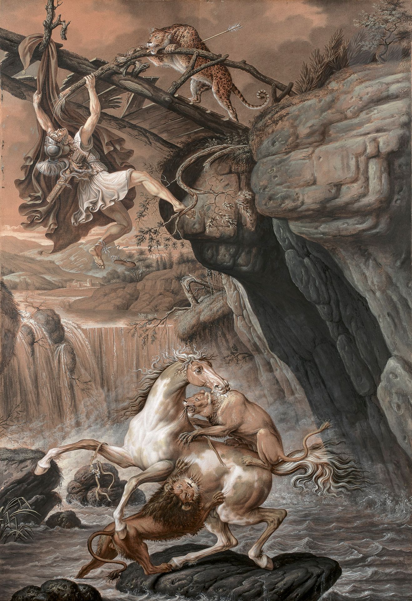 Anthelme-François LAGRENÉE le fils (Paris 1774 – 1832)

Guerrier grec et son cheval attaqués par un guépard, un lion et une lionne

Gouache, aquarelle, plume et encre brune, crayon noir sur quatre feuilles accolées et montées sur châssis.

Signée vers le bas à gauche : « f Lagrenée fils ».

102,5 x 70 cm

(Deux pliures fines d’encollage et trace de jointures des feuilles, petites taches sur les bords). 



D’abord élève de son père Louis-Jean-François Lagrenée l’aîné, directeur de l’École de Rome puis recteur de l’Académie, Anthelme fut ensuite l’élève de François-André Vincent. Cet héritier d’une dynastie dont la carrière était tracée d’avance a voulu forger son destin dans la tourmente révolutionnaire : il s’engage dans l’armée en 1793. Il reprendra sa vie artistique peu avant 1800, en tant que peintre et miniaturiste. Il expose au Salon de 1799 à 1831. Il montre en 1800 de la « peinture sous glace » pouvant « s’adapter à toutes sortes de meubles, tels que cabarets, guéridons, frises d’appartements, de voitures », ainsi que des miniatures et des camées. Son style froid cache le feu sous la glace. Ses premières miniatures connues, datées de 1789, « Sculpteur taillant un squelette » et « Faune faisant danser un squelette » (Paris, musée des Arts Décoratifs), montrent un esprit grinçant. Il s’assagit un peu pendant l’Empire et produit d’élégants portraits quelque peu acérés. En 1823, l’esprit d’aventure le reprend et il gagne Saint-Pétersbourg, où il portraiture la famille impériale et la Cour. Il rentre ensuite à Paris et meurt du choléra en 1832 (voir Nathalie Lemoine-Bouchard, « Les Peintres en miniatures », Paris, Les éditions de l’Amateur, 2008, p. 321).

Notre dessin, exceptionnel par sa taille, représente un guerrier grec dans une situation plus qu’extrême : ayant blessé un guépard d’une de ses flèches, il s’est engagé sur une passerelle de bois au-dessus d’une cascade, qui a cédé sous le poids de son cheval. Il s’accroche à une rambarde qui pend dans le vide, ne pouvant remonter car menacé par le guépard aux abois. Dans le torrent en-dessous, le cheval est attaqué par une lionne et un lion. La lutte acharnée entre les animaux sauvages d’un côté et l’homme et son cheval domestiqué de l’autre, est décrite avec la précision d’un artiste miniaturiste, doté d’un œil de lynx…

Le sujet s’apparente à la chasse au lion de Bénigne Gagnereaux. La technique très néoclassique peut dater des débuts de l’artiste, entre 1789 et 1793, comme le sujet rappelant les affrontements révolutionnaires.