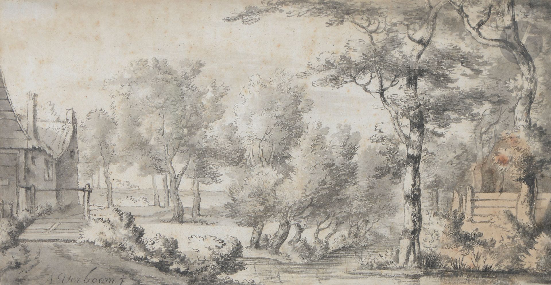 Attributed to Adriaen Hendriksz VERBOOM (Rotterdam 1628 - 1670 Amsterdam)

Edge of a canal

Pen and black ink, grey wash.

Annotated lower left.

(Stain in the lower right and small freckles).

12,8 x 25 cm