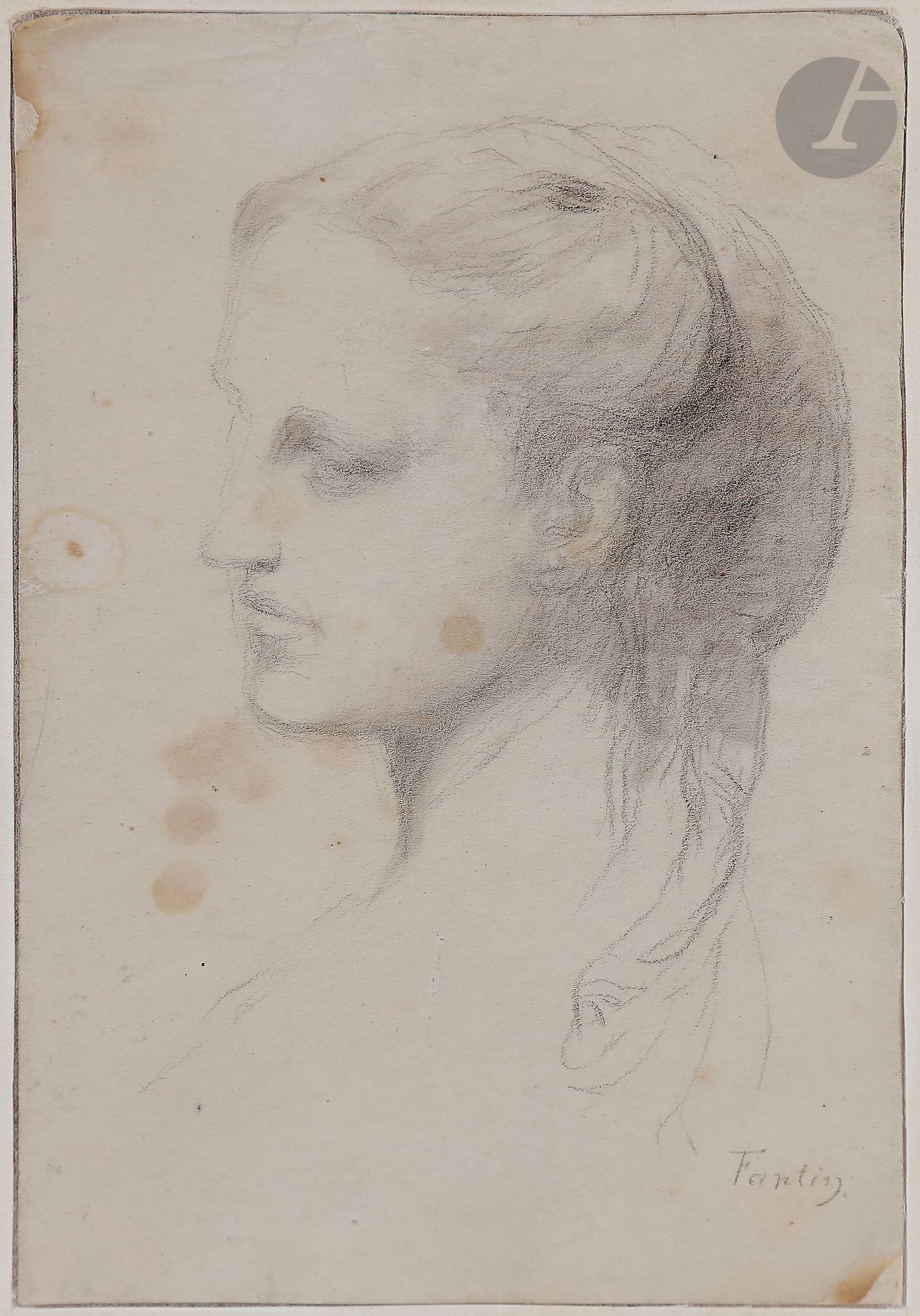 Henri FANTIN-LATOUR (Grenoble 1836 - Bure 1904)

Étude de tête de femme de profil

Crayon noir.

Signé en bas à droite.

(Taches).

15 x 10 cm