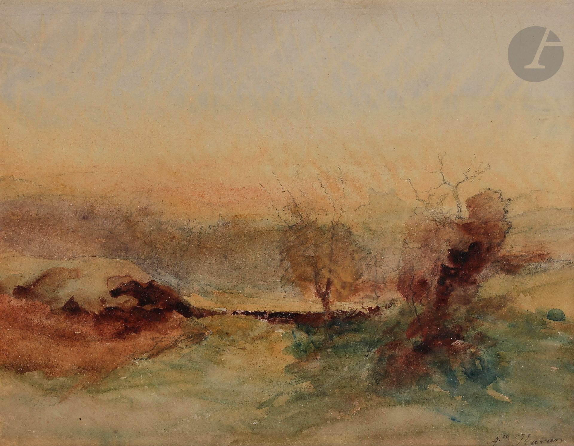 François-Auguste RAVIER (Lyon 1814 - Morestel 1895)

Paysage au crépuscule

Aquarelle et crayon noir.

Signée en bas à droite.

22 x 29 cm