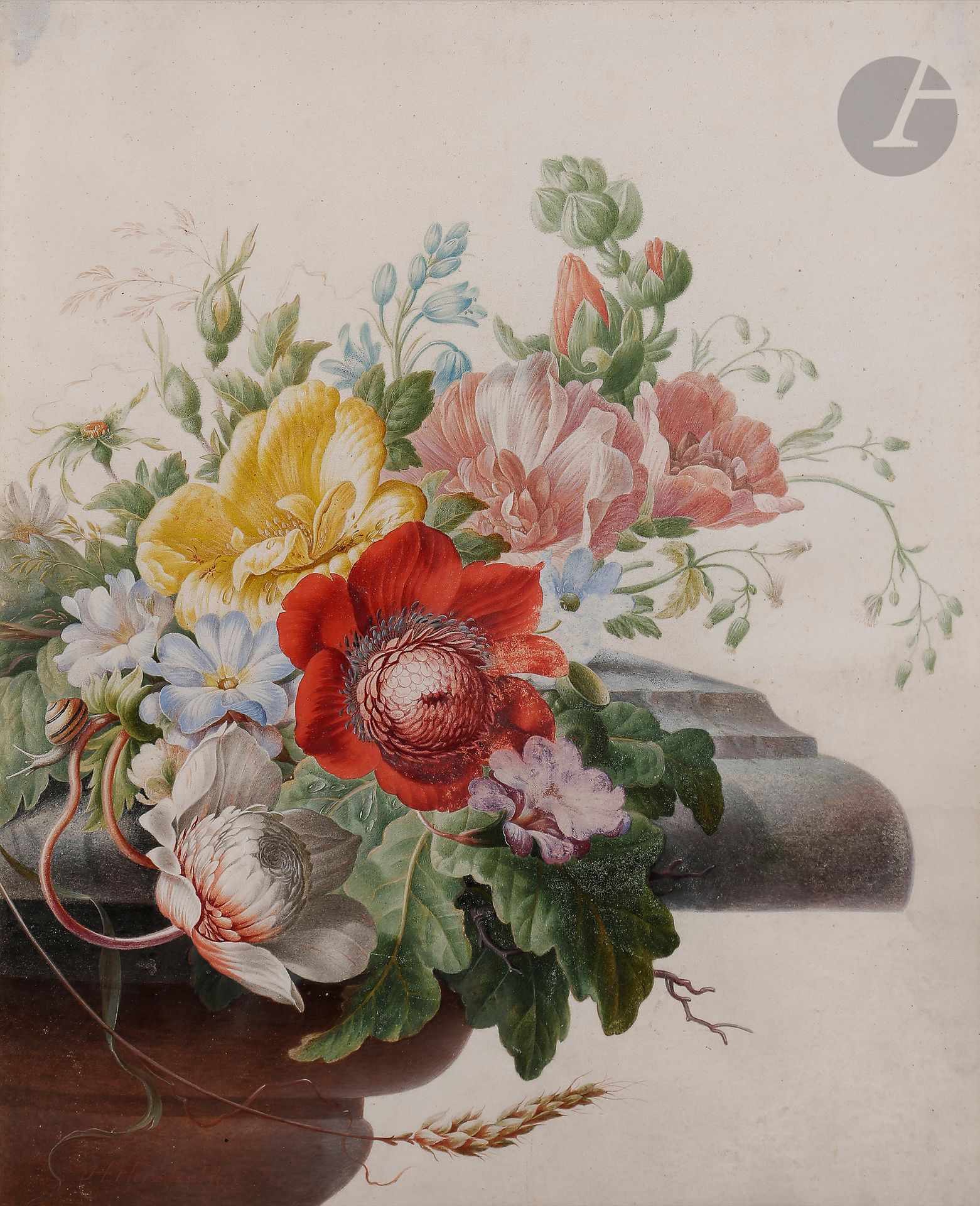 Herman HENSTENBURG (Hoorn 1667 - 1726)

Bouquet sur un entablement avec fourmis et escargot

Aquarelle gouachée sur vélin.

Signée en bas à gauche.

(Quelques écaillures).

30 x 24,5 cm