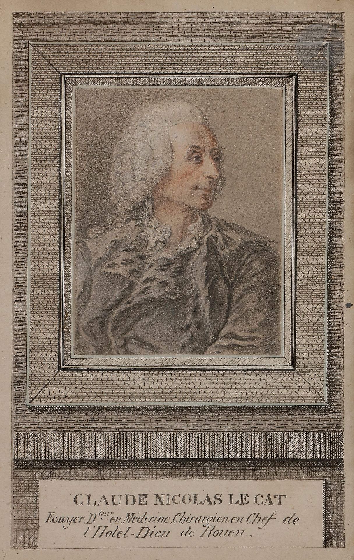 Attributed to Louis-Richard FRANCOIS DUPONT DIT DUPONT DE MONTFIQUET (Montfiquet 1734 - Rouen 1765)

Portrait of Claude Nicolas Le Cat

Black pencil, white chalk and red chalk highlights

8,4 x 6,5 cm



An engraving in the opposite direction is kept in the Château de Versailles museum, inventory number: LP64,78,2.