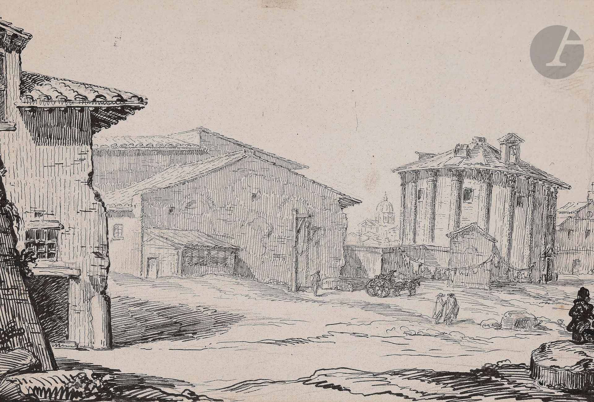 ÉCOLE FRANÇAISE de la deuxième partie du XVIIIe siècle

Vue animée du temple de Vesta

Plume et encre de Chine sur traits de crayon noir.

(Collé en plein sur son montage du XVIIIe siècle).

22,5 x 32,5 cm