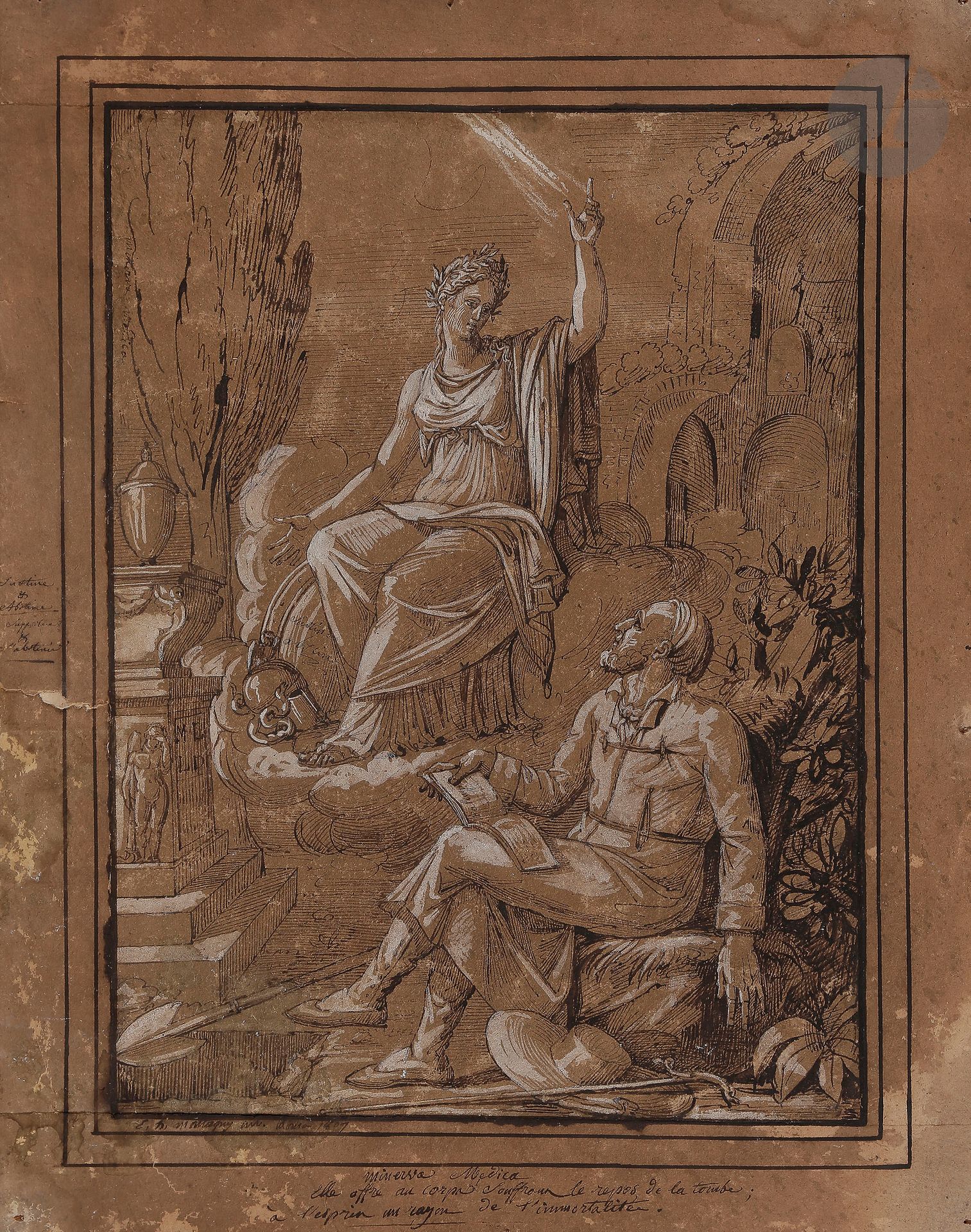 Élie Honoré MONTAGNY (Paris c,1795 - 1864)

Minerva Medica, 1807

Pen, brown ink and white gouache highlights.

Signed, dated and located lower left on the mount.

(Insolate, glued in full on its original mount, spidery).

34 x 25,5 cm



Two drawings by the same artist and an envelope addressed to the artist are attached.
