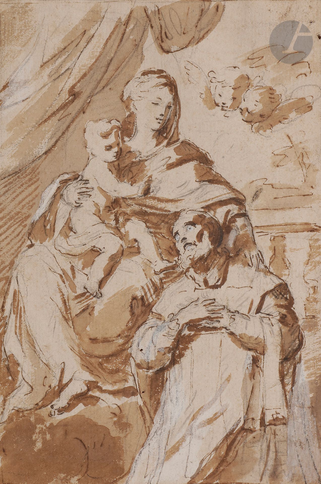 ÉCOLE BOLONAISE du XVIIe siècle

Saint Philippe Néri au pied de la Vierge à l’enfant

Plume, encre brune, lavis brun sur traits de crayon noir et rehauts de gouache blanche.

18,8 x 13,5 cm