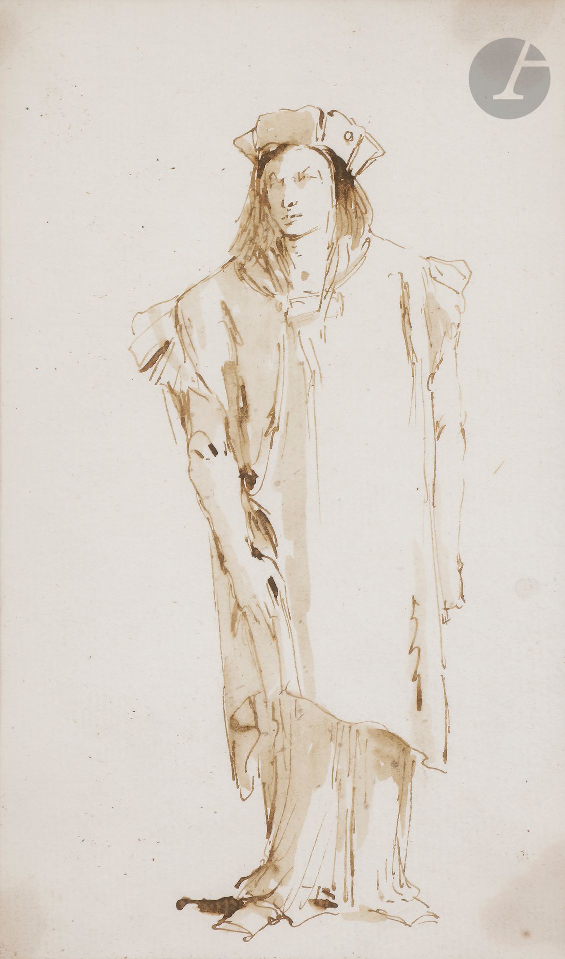 Giovanni Battista TIEPOLO (Venise 1696 - Venise 1770)

Personnage vénitien en pied regardant vers la gauche

Plume et encre brune, lavis brun.

(Taches aux quatre coins).

22 x 13 cm



 Cette élégante silhouette vénitienne devait faire partie d’un des trois albums de figures de la collection Edward Cheney (1803-1884), dispersées à Londres chez Sotheby’s le 29 avril 1885. Deux de ces albums, contenant quatre-vingt dessins, furent rachetés ensuite par le Victoria and Albert Museum de Londres, l’un d’eux est titré « Sole figure vestite ». En dehors de vingt autres dessins conservés au Museo Civico de Trieste, le professeur Knox avait compté une centaine de feuilles de cette série, dispersées à travers le monde.



Cette série a été réalisée vers la fin des années 1750. Contrairement aux caricatures, inspirées de personnes croisées au hasard des rencontres, les « Sole figure vestite » semblent être de pures inventions, dessinées de manière indépendante des tableaux et des fresques. Ce sont des exercices destinés à stimuler l’imagination, dans un but de perfectionnement créatif. Le style de l’artiste est immédiatement reconnaissable, cependant chaque figure dessinée se distingue des autres par un costume ou une attitude singulière, avec cette lumière inimitable d’une Venise éthérée, éternelle dans nos cœurs.
