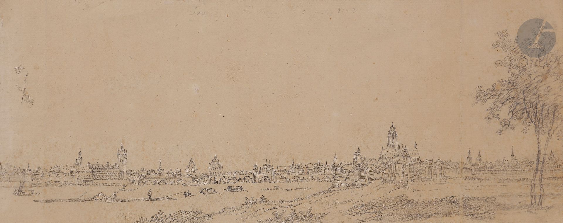 Jan de BEIJER ou Jean de BEYER (Aarau 1703 - Emmerich 1780)

Vue animée de la ville de Francfort-sur-le-Main

Crayon noir.

Annoté à la plume et encre brune dans la marge : « Vue de Franchfurt sur Main ? / Beyer (Jean de) / dessiné le 8 juin 1753 » et au verso diverses annotations sur la localisation du point de vue en néerlandais.

(Petites pliures et petites taches, collé sur le bord de gauche).

12 x 30,5 cm