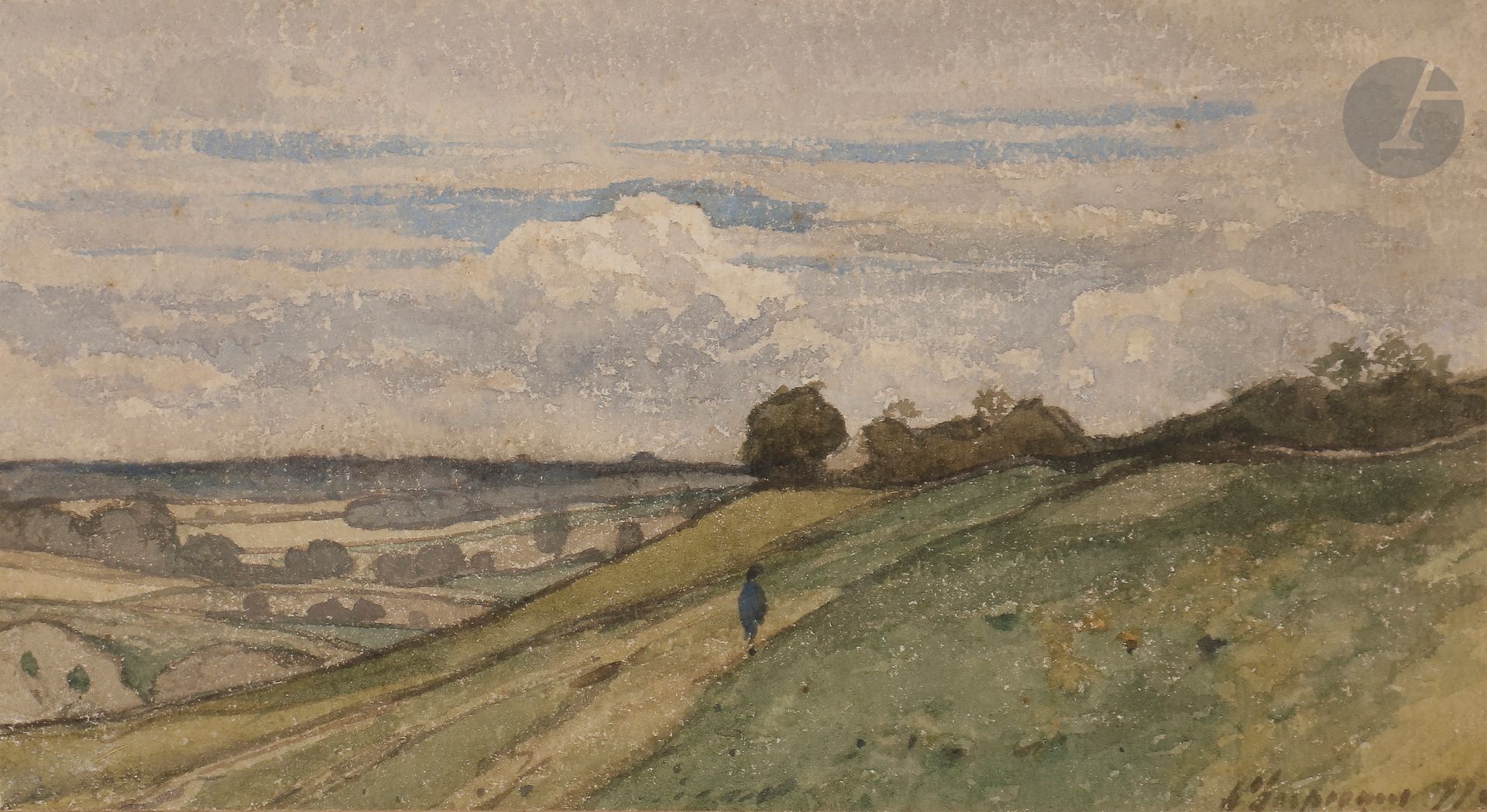 Henri Joseph HARPIGNIES (Valenciennes 1819 - Saint-Privé 1916)

Paysage animé, 1877

Encre et aquarelle.

Signée et datée en bas à droite.

10 x 20 cm



Cette œuvre sera incluse au Catalogue Raisonné en préparation par Monsieur Jean-Pierre Cappœn.



 Nous remercions Monsieur Cappœn pour les informations contenues dans cette notice.