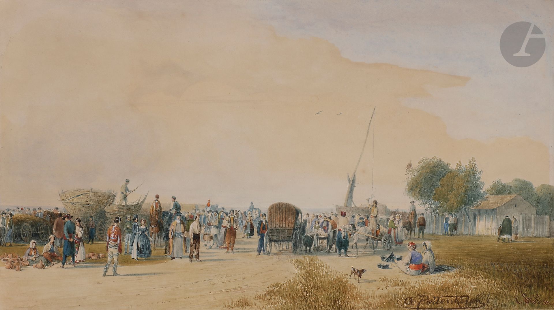 Attributed to Emanuel VON STÖCKLER (Nikolsburg 1819 - Bozen 1893)

Market scene in the harbour

Watercolour and gouache.

Signed lower right.

Bears an added signature.

(Slightly faded).

20,5 x 27,5 cm