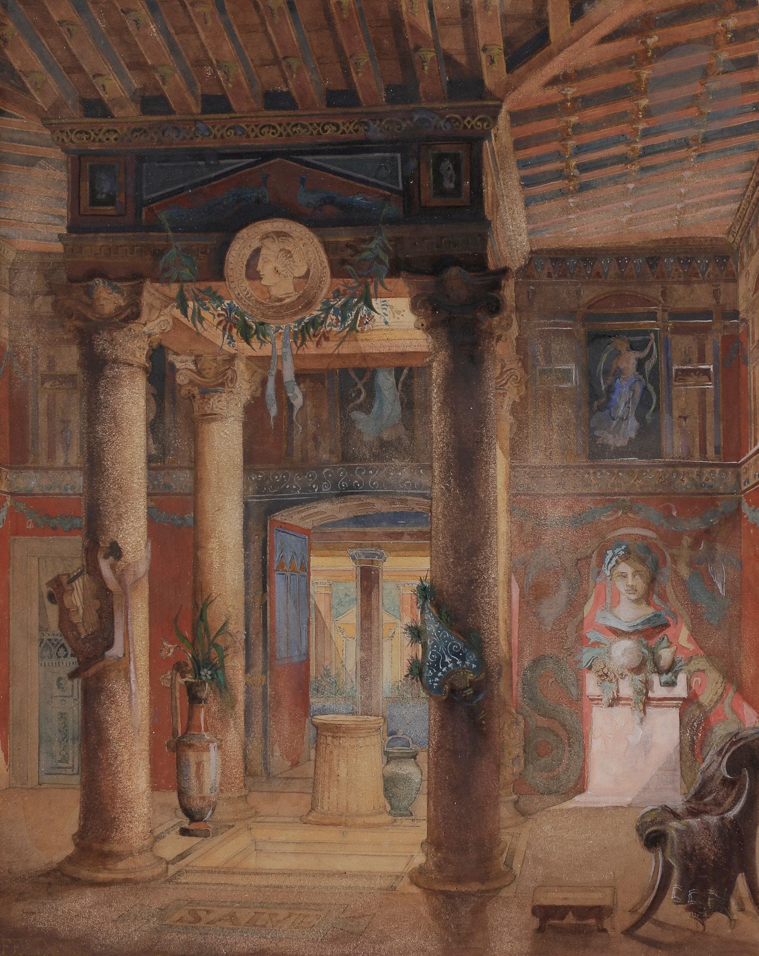 Félix DUBAN (Paris 1797 - Bordeaux 1870)

Pompéi, intérieur d’une maison antique

Aquarelle gouachée, plume et encre brune, crayon noir.

Trace de signature en bas à gauche : « Félix D ».

(Quelques usures).

21,5 x 17 cm